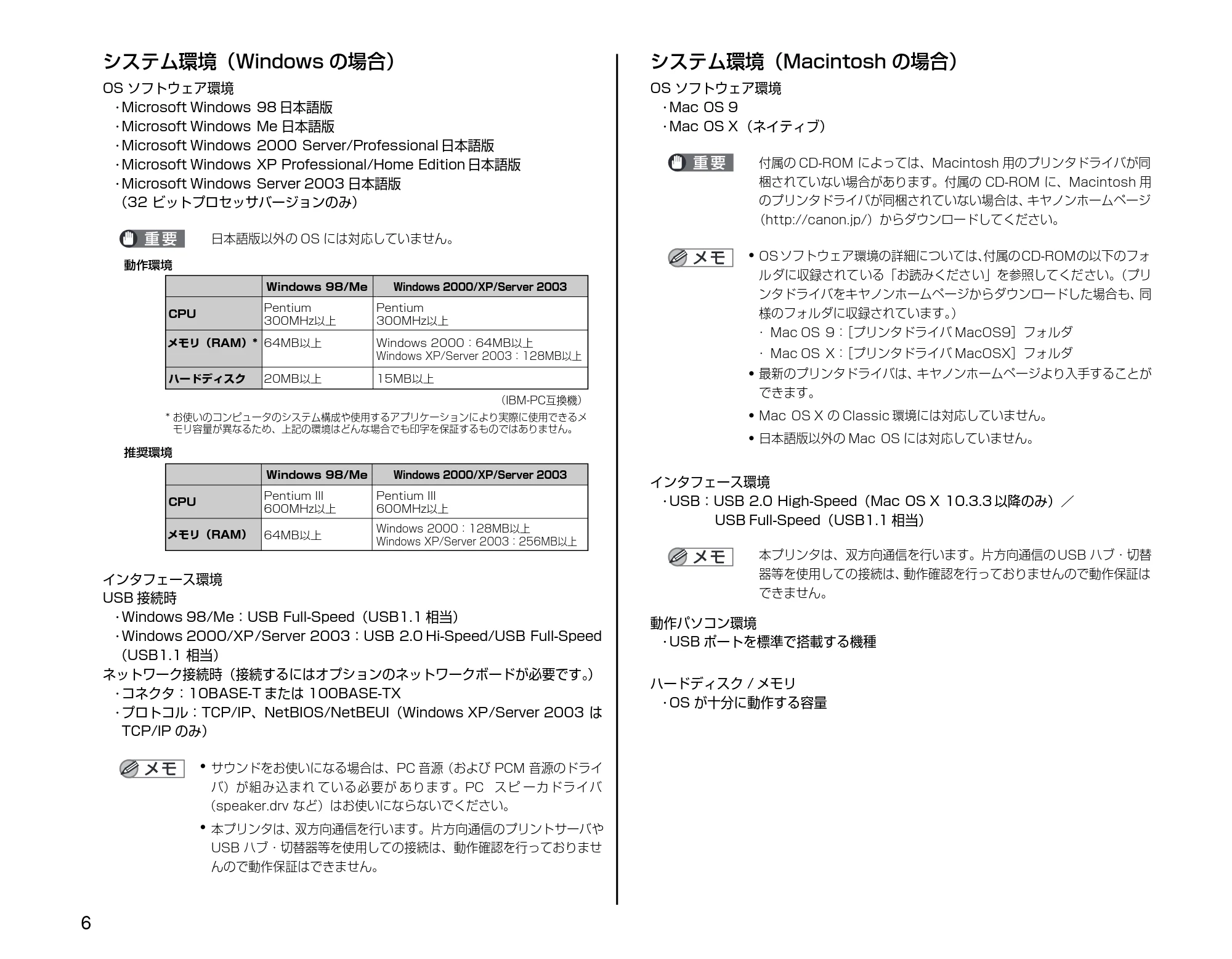 キヤノン LBP5200 設置時にお読みください 2005年8月29日更新 （PDF形式／2.86Mバイト） — システム環境（Windowsの場合） — 原本ページ — 6ページ