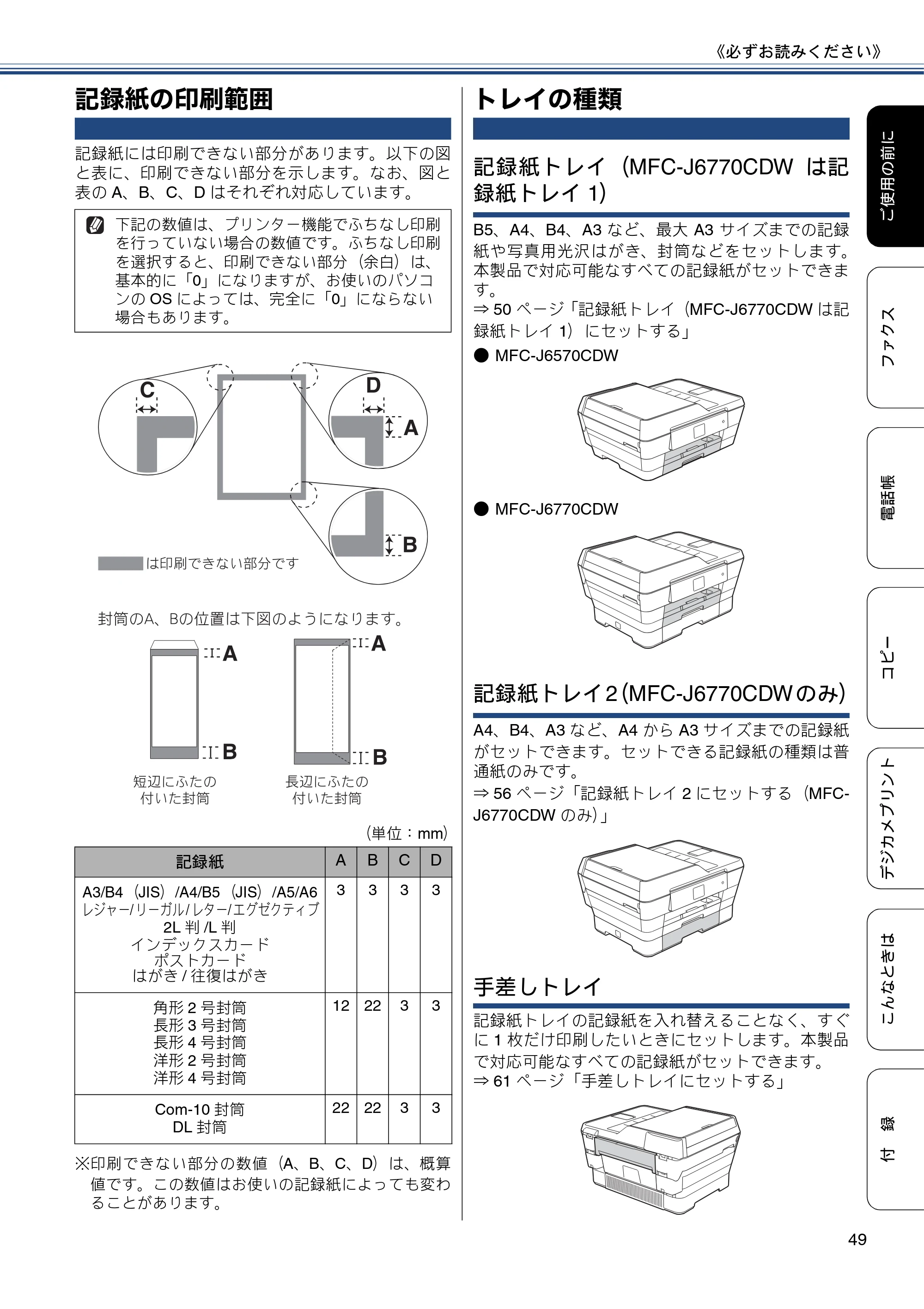 ブラザー MFC-J6770CDW / MFC-J6570CDW ユーザーズガイド ～基本編～ — 記録紙の印刷範囲 — 原本ページ — 49ページ