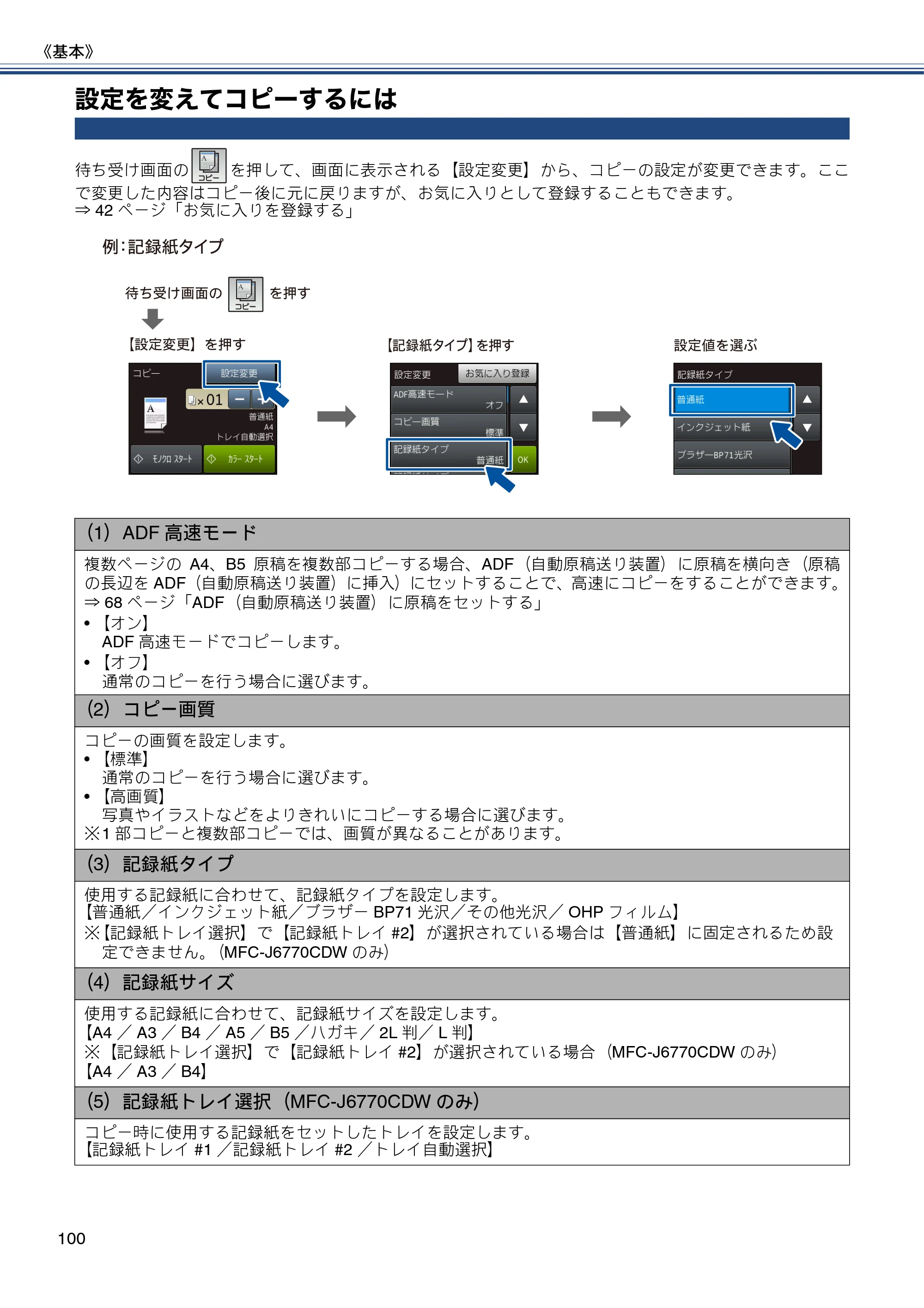 ブラザー MFC-J6770CDW / MFC-J6570CDW ユーザーズガイド ～基本編～ — 設定を変えてコピーするには — 原本ページ — 100ページ