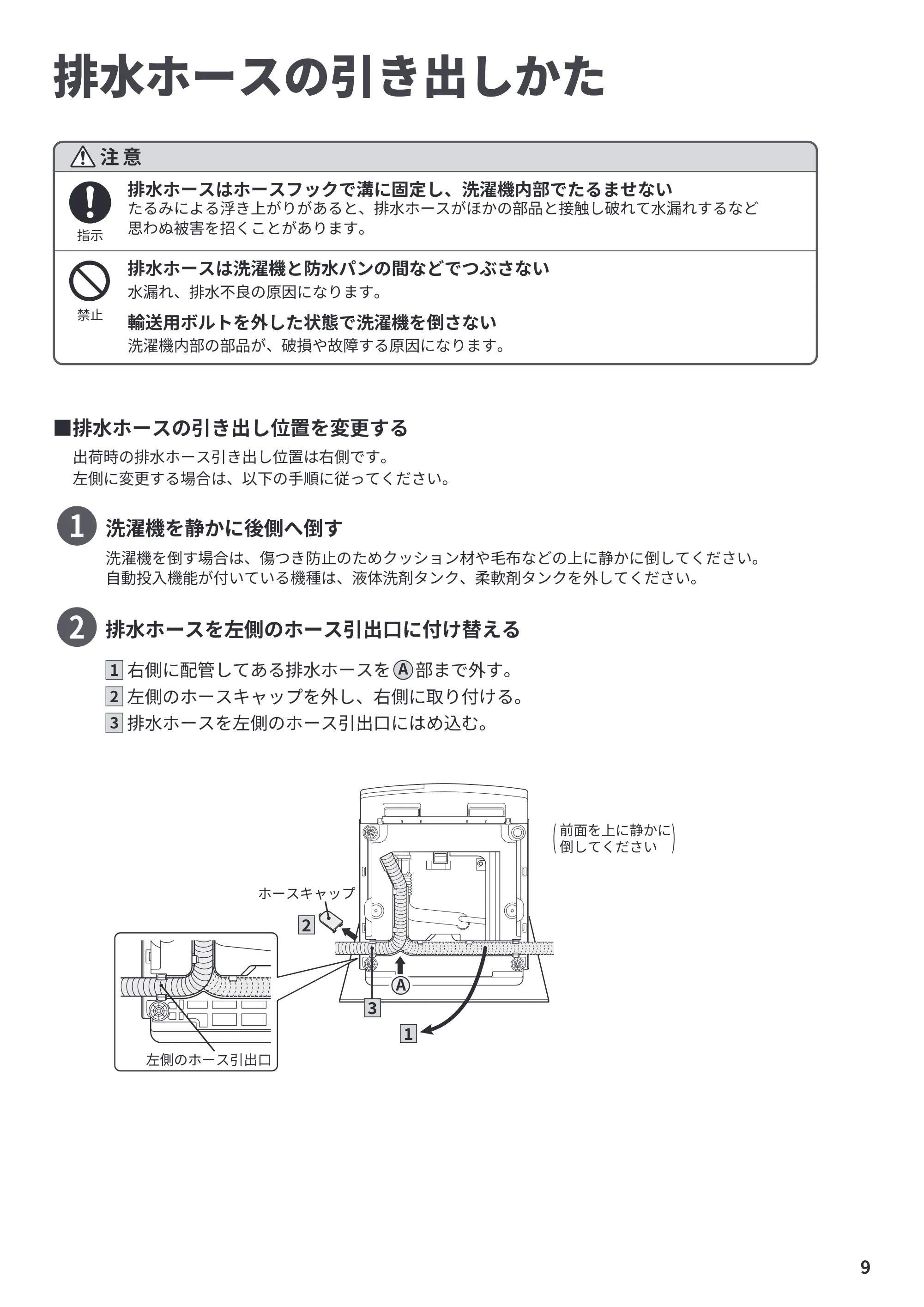 日立 BD-CX100PL / BD-CX100PR / BD-CG80PL 据付説明書 — 排水ホースの引き出しかた — 原本ページ — 9ページ