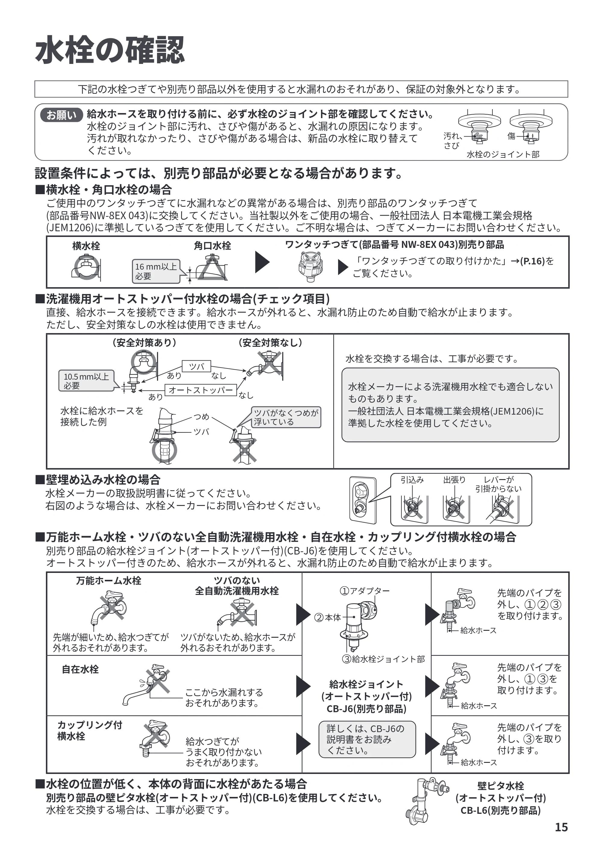 日立 BD-CX100PL / BD-CX100PR / BD-CG80PL 据付説明書 — 水栓の確認 — 原本ページ — 15ページ