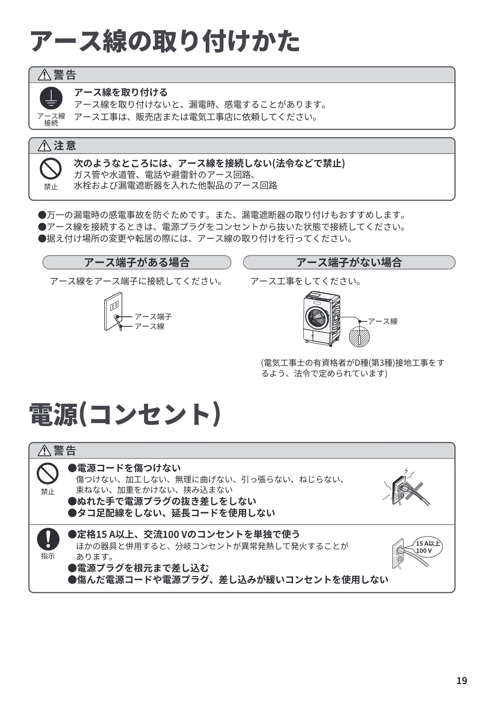 日立 BD-CX100PL / BD-CX100PR / BD-CG80PL 据付説明書 — アース線の取り付けかた — 原本ページ — 19ページ