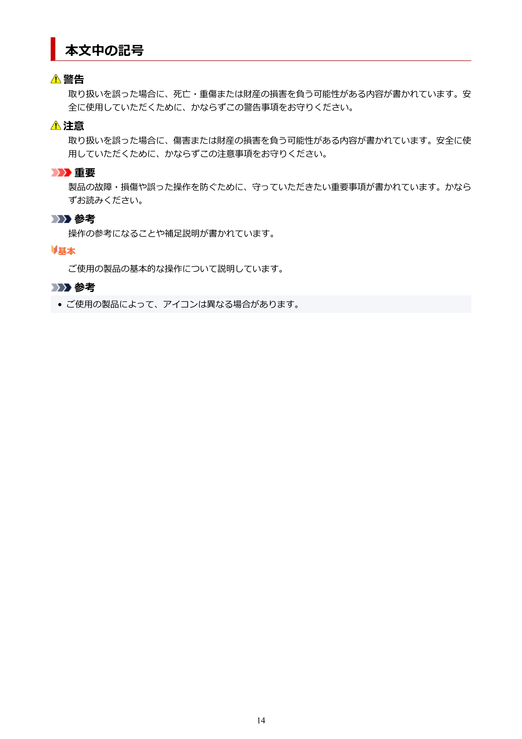 キヤノン imagePROGRAF PRO-G2 PRO-G2 (PDF) オンラインマニュアル 取扱説明書 (Mac) 2026年4月30日掲載(PDF:5.6MB) — 本文中の記号 — 原本ページ — 14ページ