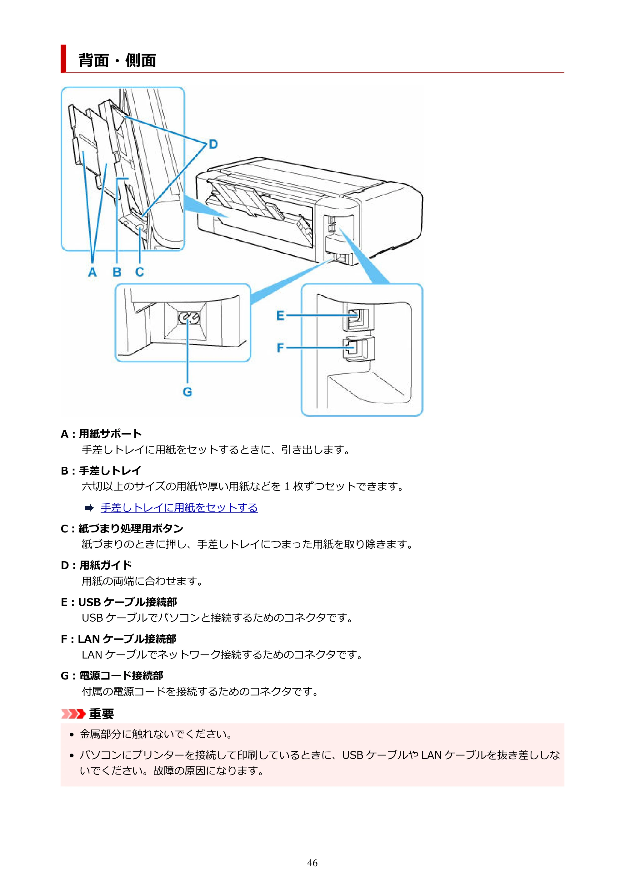 キヤノン imagePROGRAF PRO-G2 PRO-G2 (PDF) オンラインマニュアル 取扱説明書 (Mac) 2026年4月30日掲載(PDF:5.6MB) — 背面・側面 — 原本ページ — 46ページ