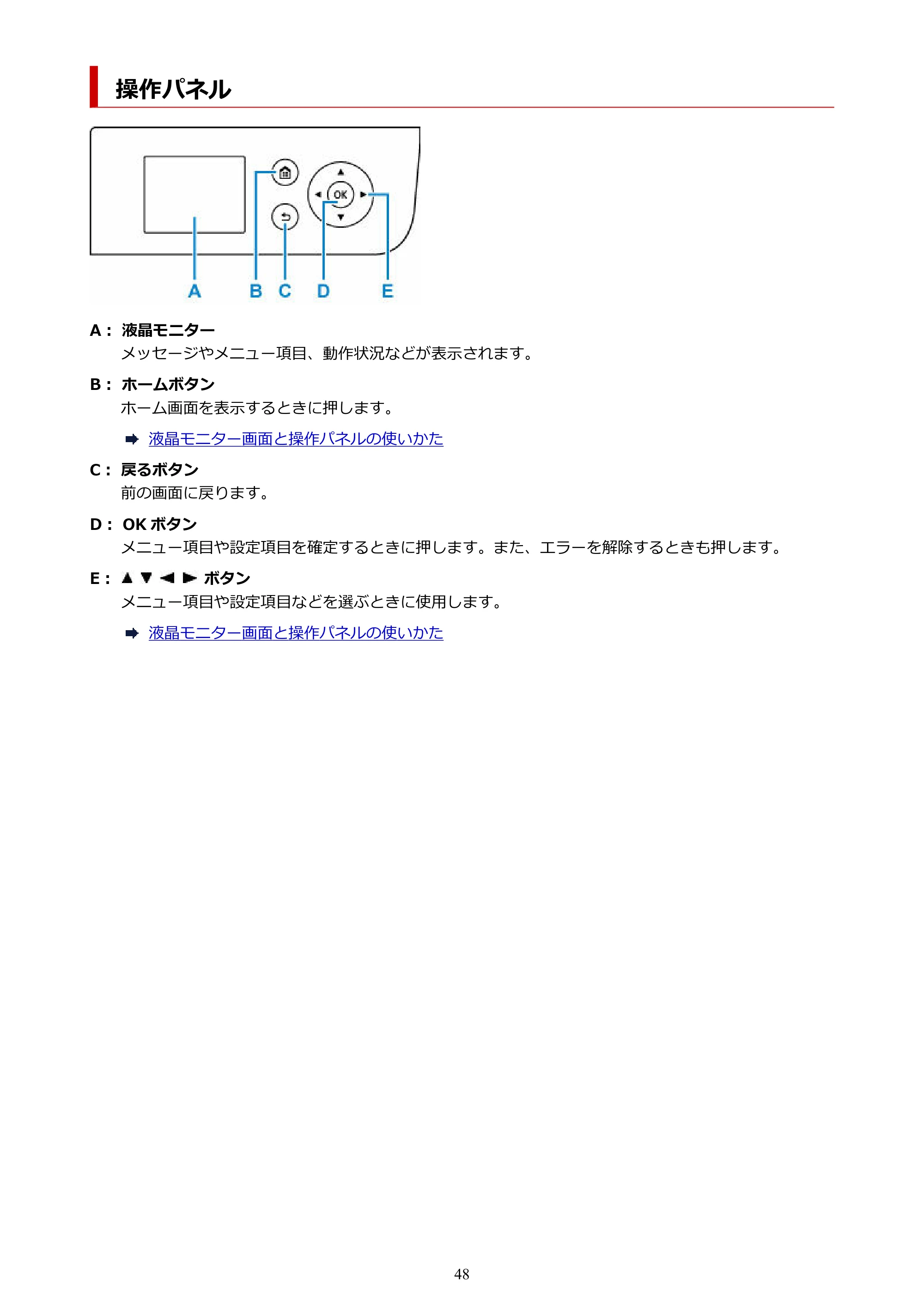 キヤノン imagePROGRAF PRO-G2 PRO-G2 (PDF) オンラインマニュアル 取扱説明書 (Mac) 2026年4月30日掲載(PDF:5.6MB) — 操作パネル — 原本ページ — 48ページ