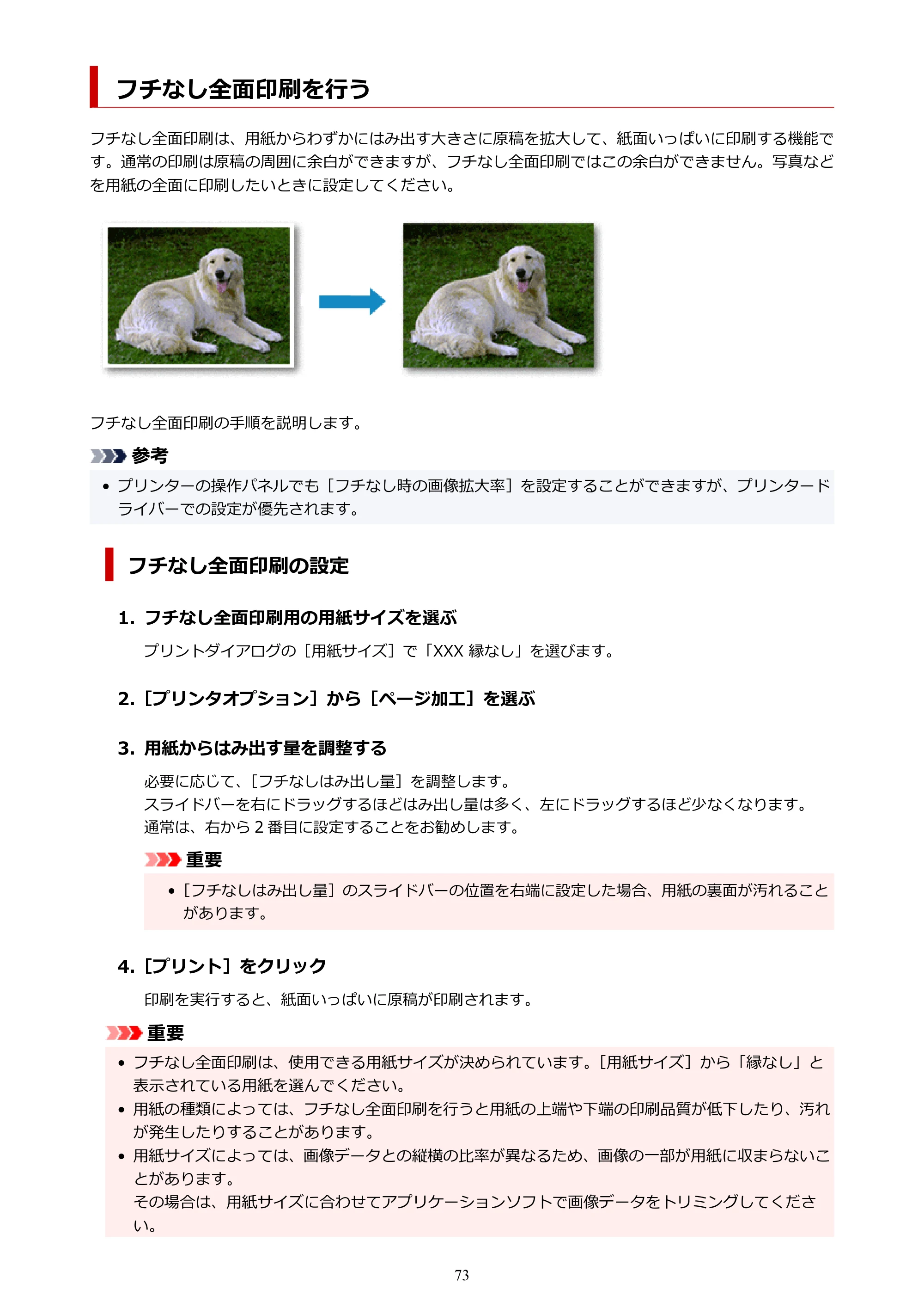 キヤノン imagePROGRAF PRO-G2 PRO-G2 (PDF) オンラインマニュアル 取扱説明書 (Mac) 2026年4月30日掲載(PDF:5.6MB) — フチなし全面印刷を行う — 原本ページ — 73ページ