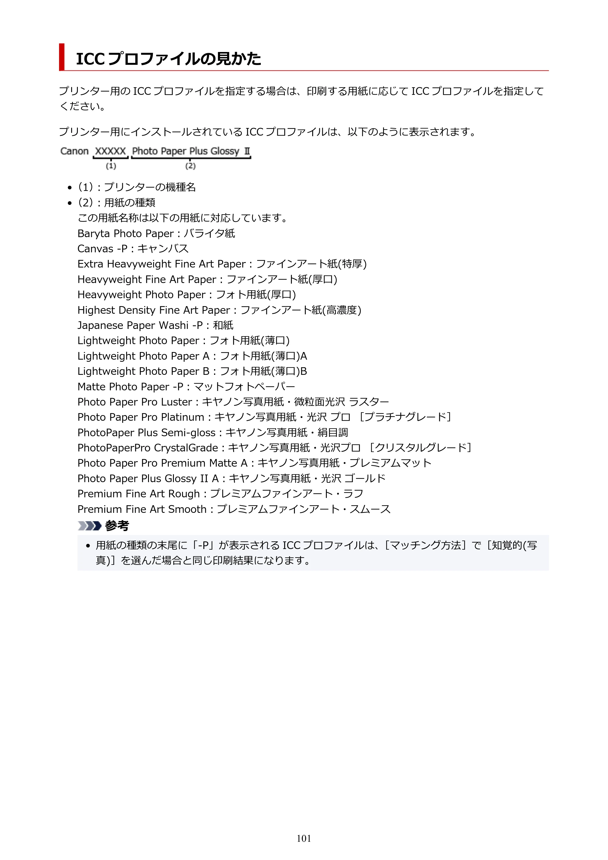 キヤノン imagePROGRAF PRO-G2 PRO-G2 (PDF) オンラインマニュアル 取扱説明書 (Mac) 2026年4月30日掲載(PDF:5.6MB) — ICC プロファイルの見かた — 原本ページ — 101ページ