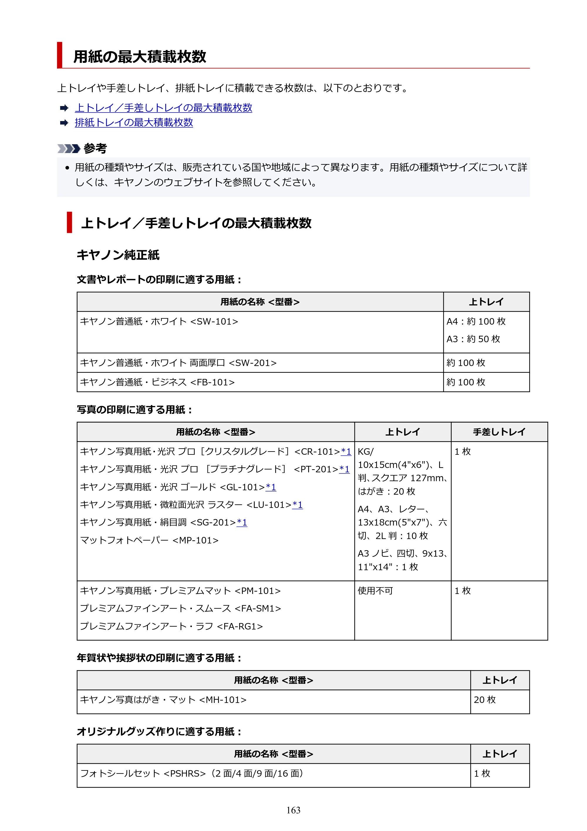 キヤノン imagePROGRAF PRO-G2 PRO-G2 （PDF） オンラインマニュアル 取扱説明書 （Mac） 2026年4月30日掲載（PDF：5.6MB） — 用紙の最大積載枚数 — 原本ページ — 163ページ