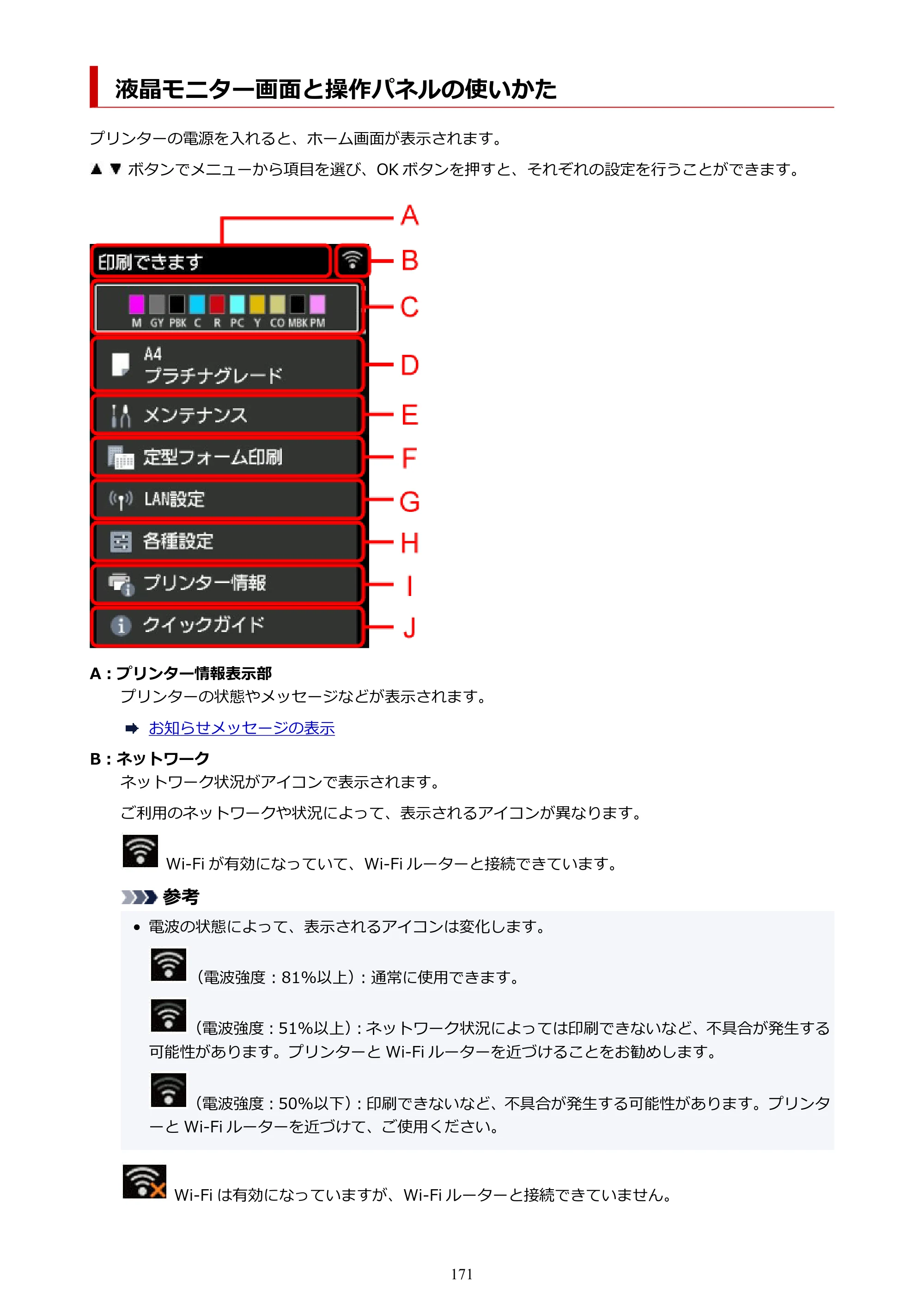キヤノン imagePROGRAF PRO-G2 PRO-G2 （PDF） オンラインマニュアル 取扱説明書 （Mac） 2026年4月30日掲載（PDF：5.6MB） — 液晶モニター画面と操作パネルの使いかた — 原本ページ — 171ページ