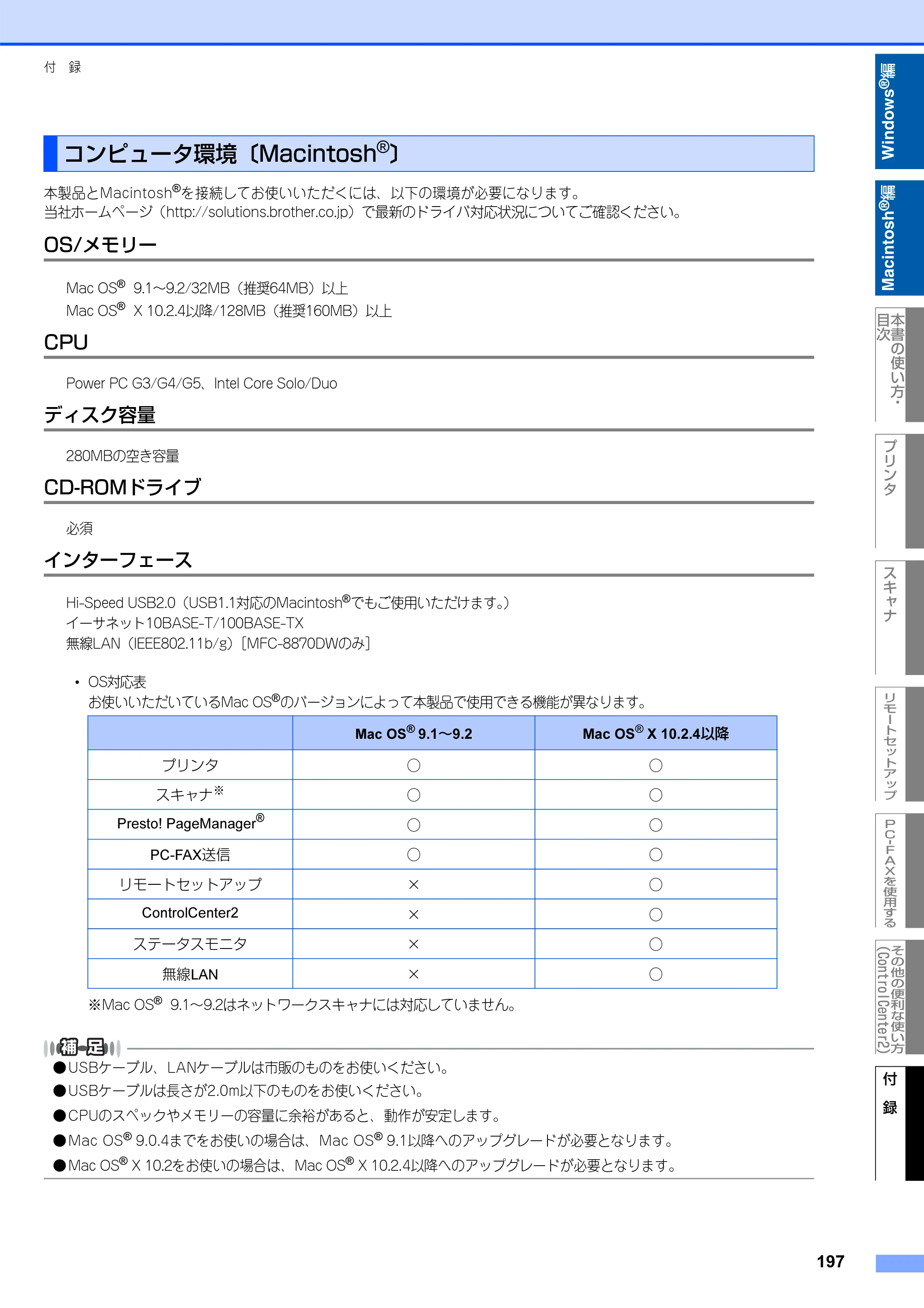 ブラザー MFC-8660DN / MFC-8870DW ユーザーズガイド ～パソコン活用編～ — コンピュータ環境〔Macintosh(R)〕 — 原本ページ — 198ページ
