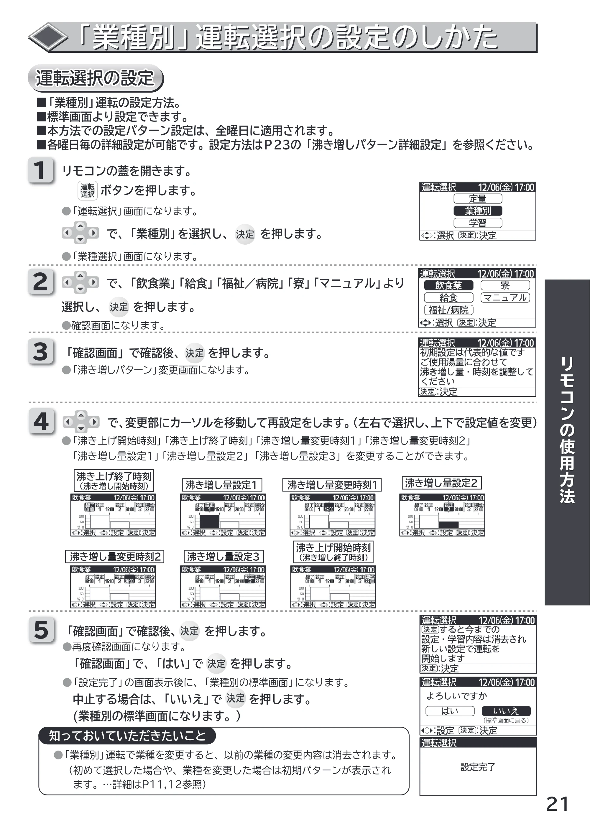 日立 RHK-1501CDKS 取扱説明書 — 「業種別」運転選択の設定のしかた — 原本ページ — 21ページ