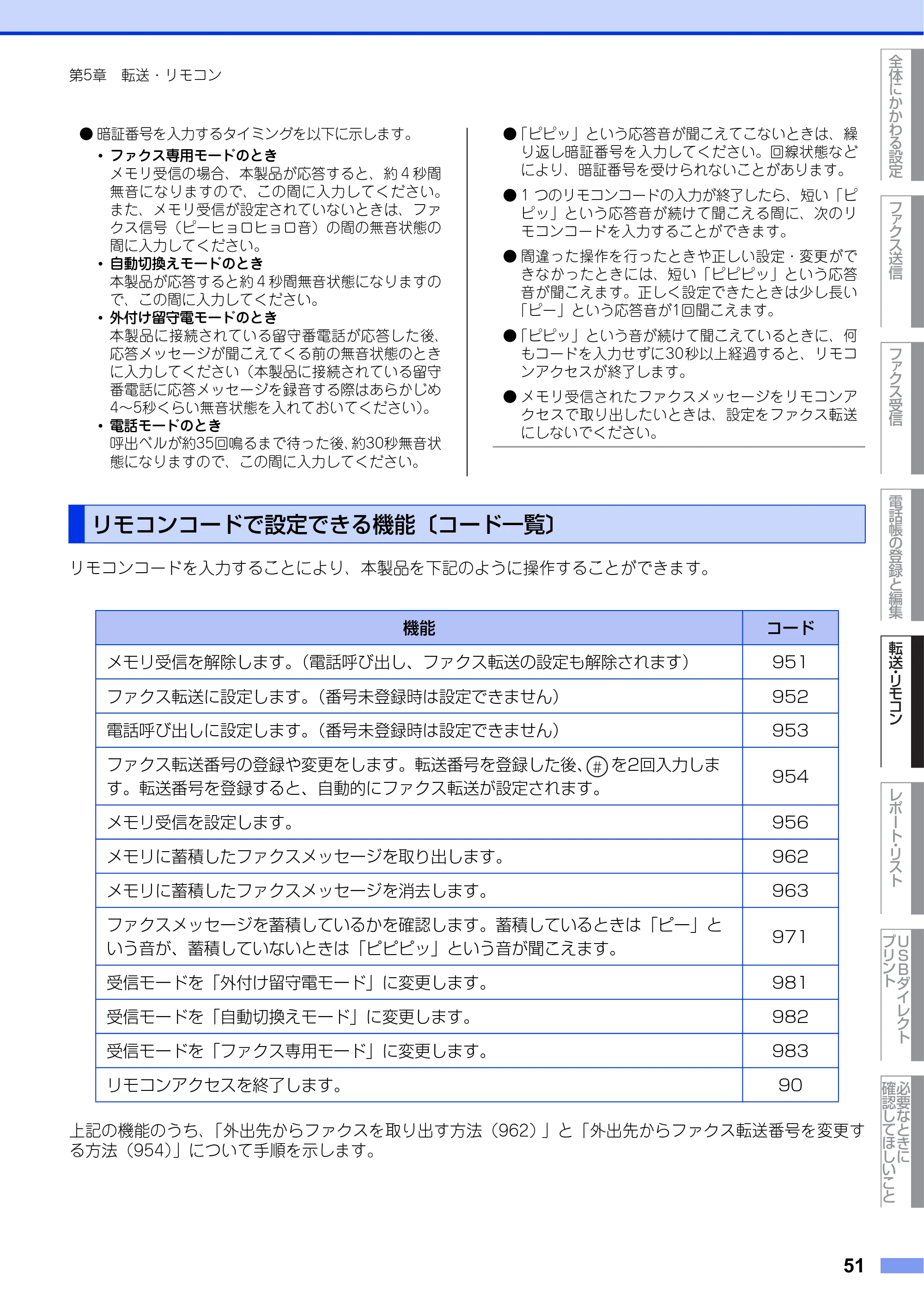 ブラザー MFC-9970CDW ユーザーズガイド ～応用編～ — リモコンコードで設定できる機能〔コード一覧〕 — 原本ページ — 51ページ