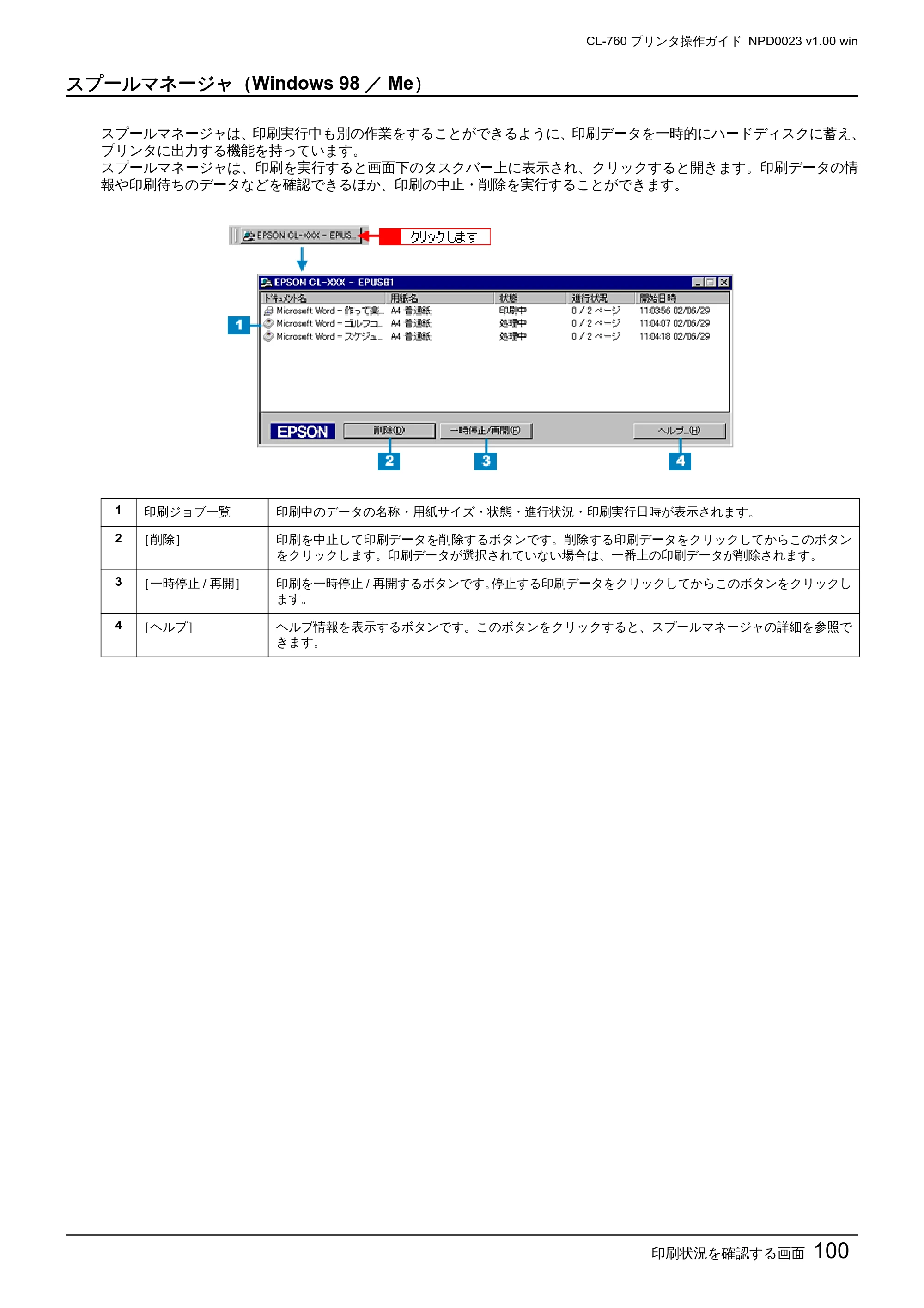 エプソン CL-760 プリンタ操作ガイド(Windows版) — スプールマネージャ(Windows 98/Me) — 原本ページ — 100ページ