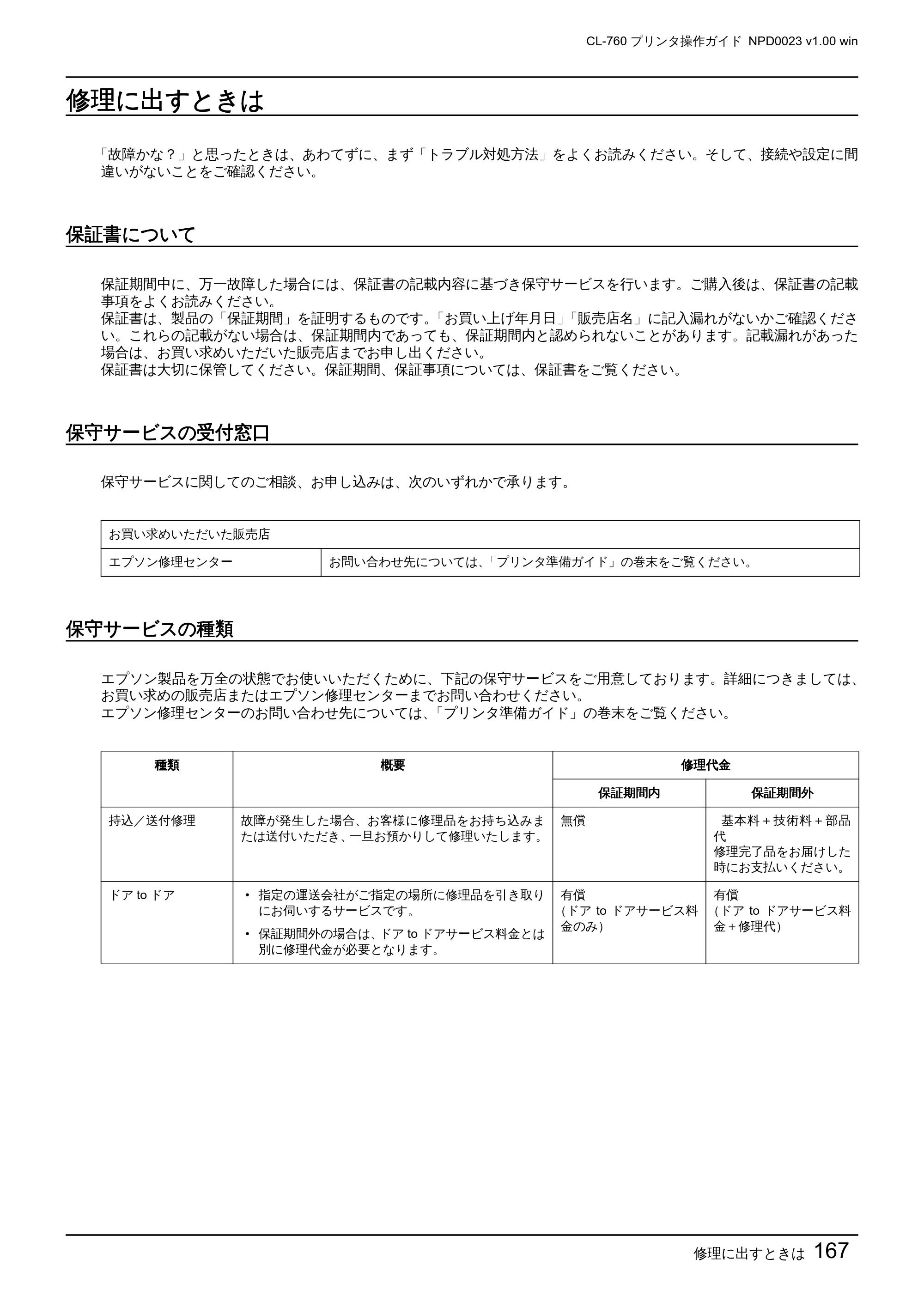 エプソン CL-760 プリンタ操作ガイド(Windows版) — 修理に出すときは — 原本ページ — 167ページ