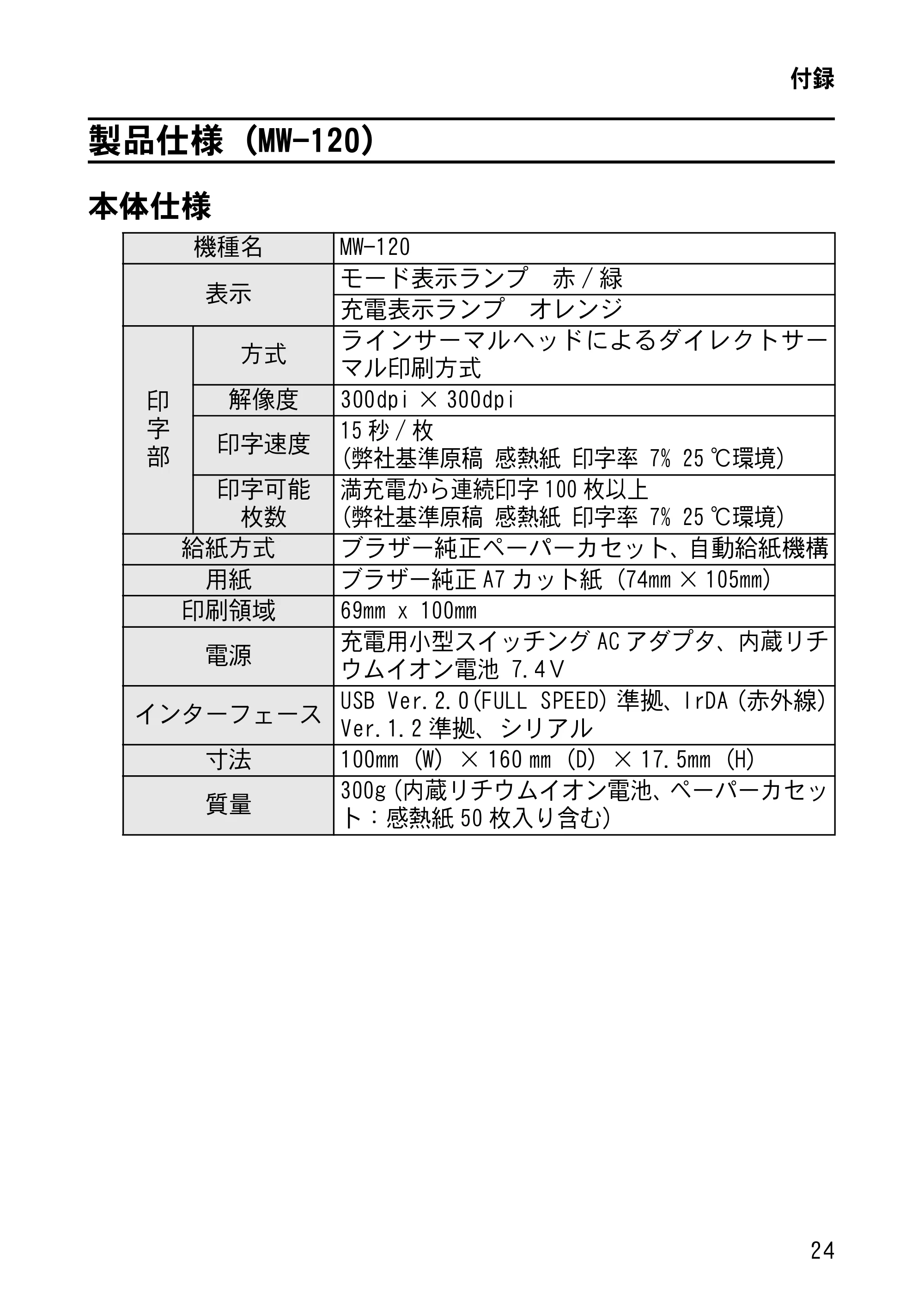 ブラザー MW-120 / MW-100/100e / MW-140BT 取扱説明書 (ユーザーズガイド) — 製品仕様(MW-120) — 原本ページ — 38ページ