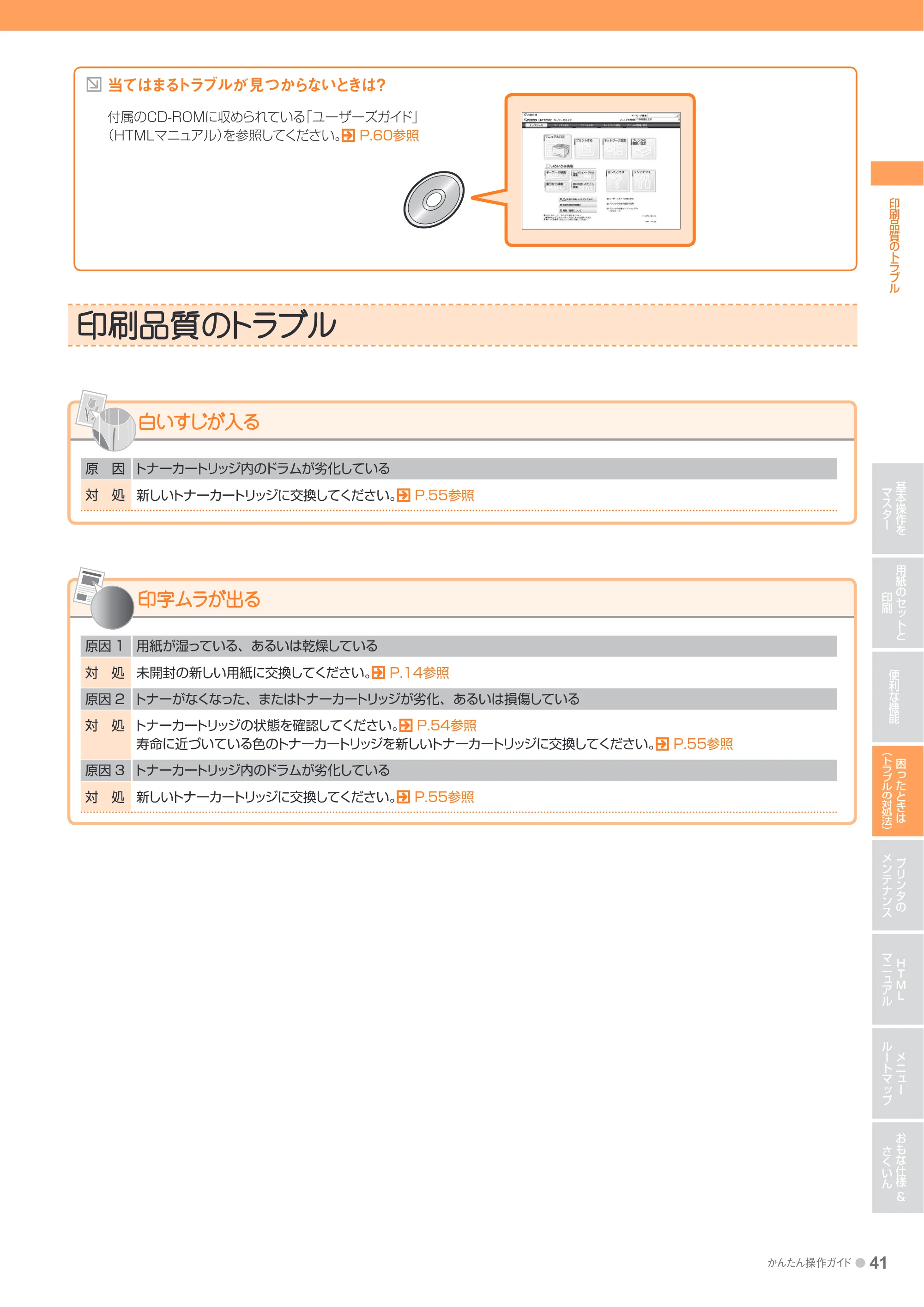 キヤノン LBP7700C かんたん操作ガイド 2011年7月25日更新 （PDF形式／16.37Mバイト） — 印刷品質のトラブル — 原本ページ — 41ページ