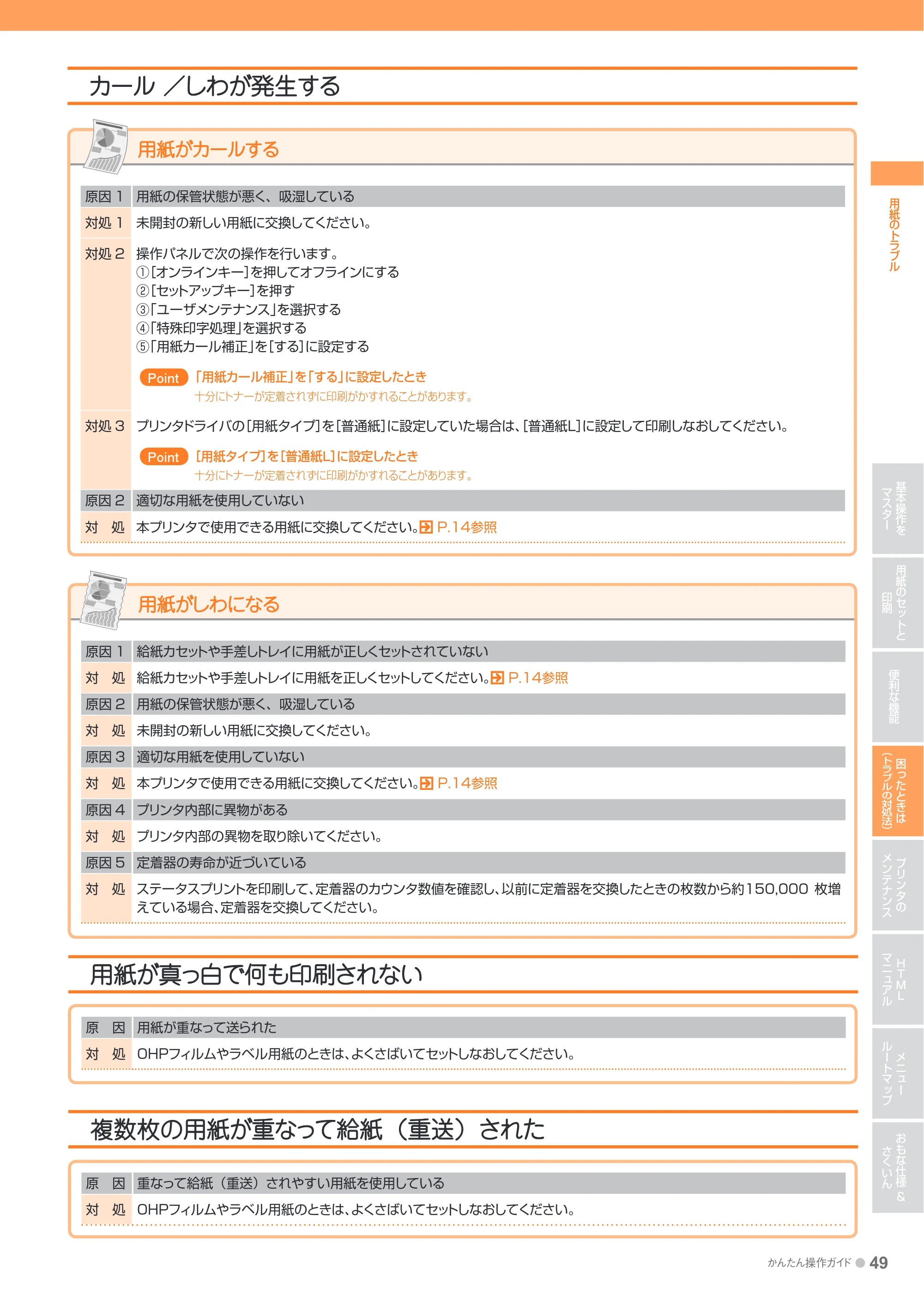 キヤノン LBP7700C かんたん操作ガイド 2011年7月25日更新 （PDF形式／16.37Mバイト） — カール ／しわが発生する — 原本ページ — 49ページ