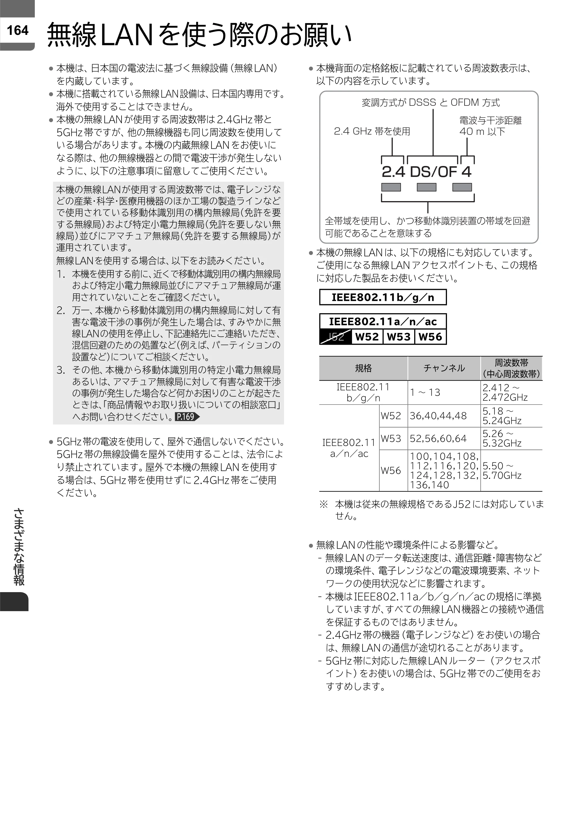 日立 L43-X5 取扱説明書 — 無線LANを使う際のお願い — 原本ページ — 164ページ