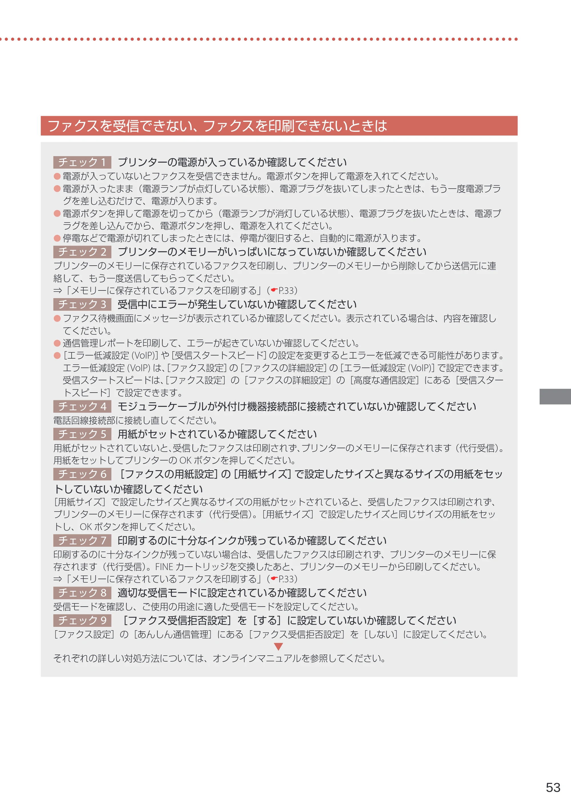 キヤノン TR4530 設置・基本操作マニュアル（PDF：8.66MB） — ファクスを受信できない、ファクスを印刷できないときは — 原本ページ — 55ページ