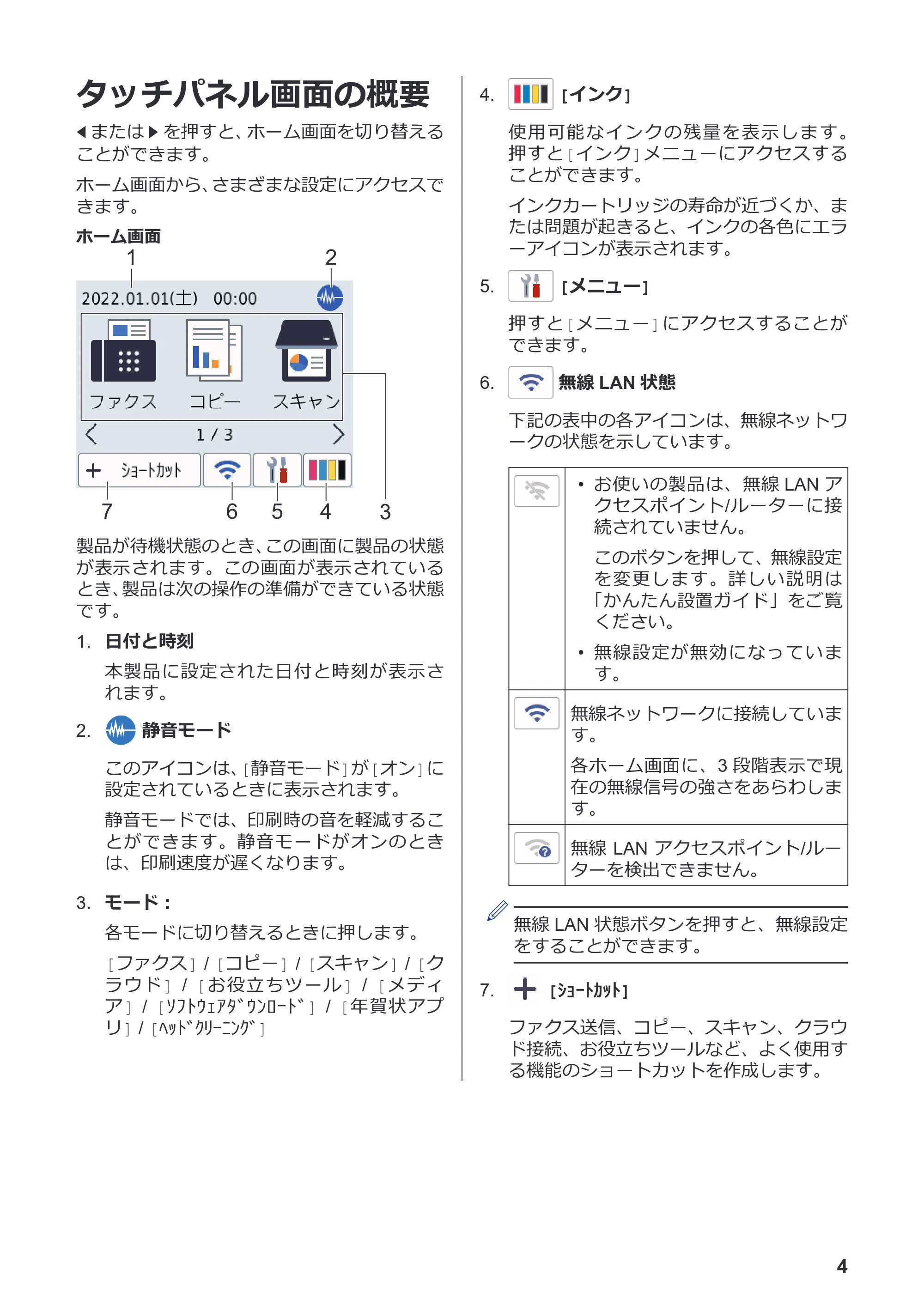 ブラザー MFC-J939DN / MFC-J939DWN / MFC-J739DN / MFC-J739DWN かんたん操作ガイド — タッチパネル画面の概要 — 原本ページ — 5ページ