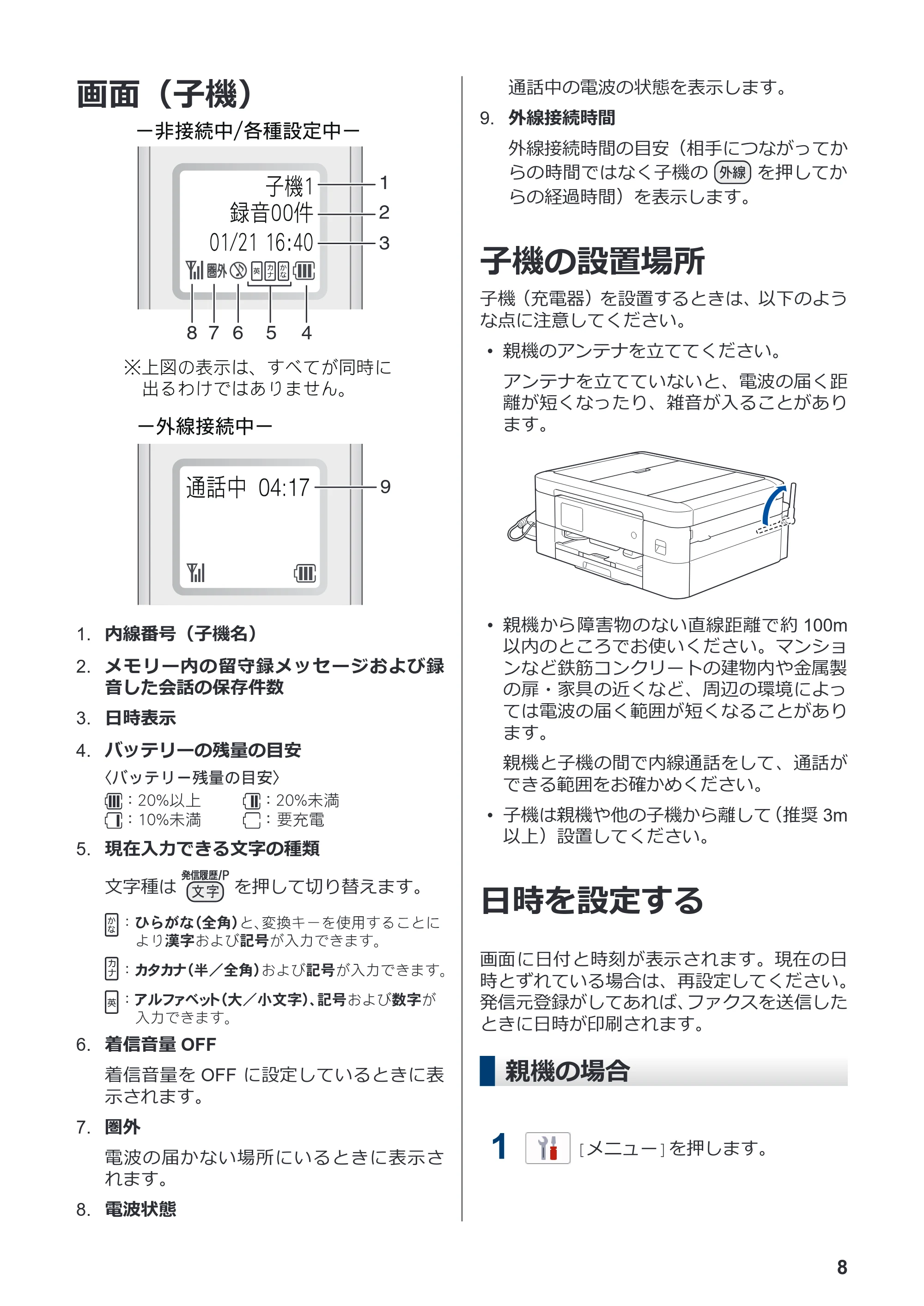 ブラザー MFC-J939DN / MFC-J939DWN / MFC-J739DN / MFC-J739DWN かんたん操作ガイド — 画面（子機） — 原本ページ — 9ページ