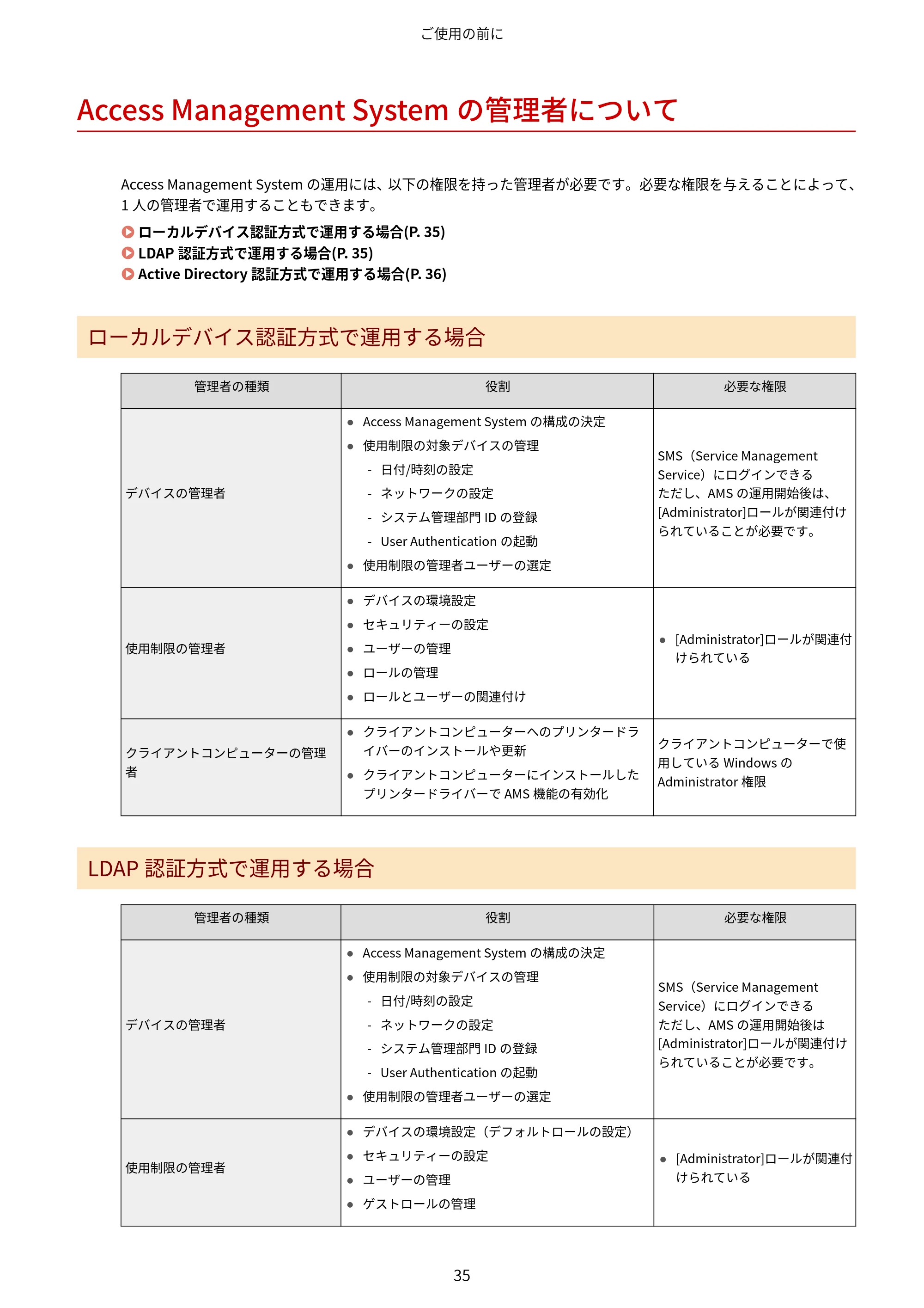 キヤノン imageFORCE C7165F Pro / MF7525F / MF7625F ACCESS MANAGEMENT SYSTEM アドミニストレーターガイド 2023年8月9日更新(PDF:4.16MB) — Access Management Systemの管理者について — 原本ページ — 38ページ