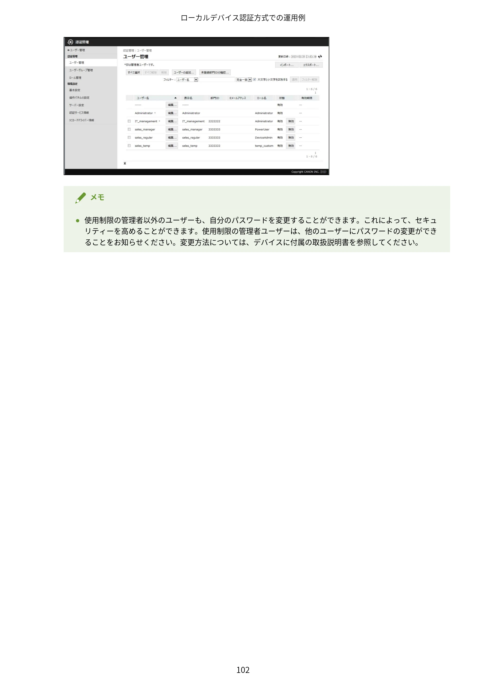 キヤノン imageFORCE C7165F Pro / MF7525F / MF7625F ACCESS MANAGEMENT SYSTEM アドミニストレーターガイド 2023年8月9日更新（PDF：4.16MB） — 原本ページ — 105ページ