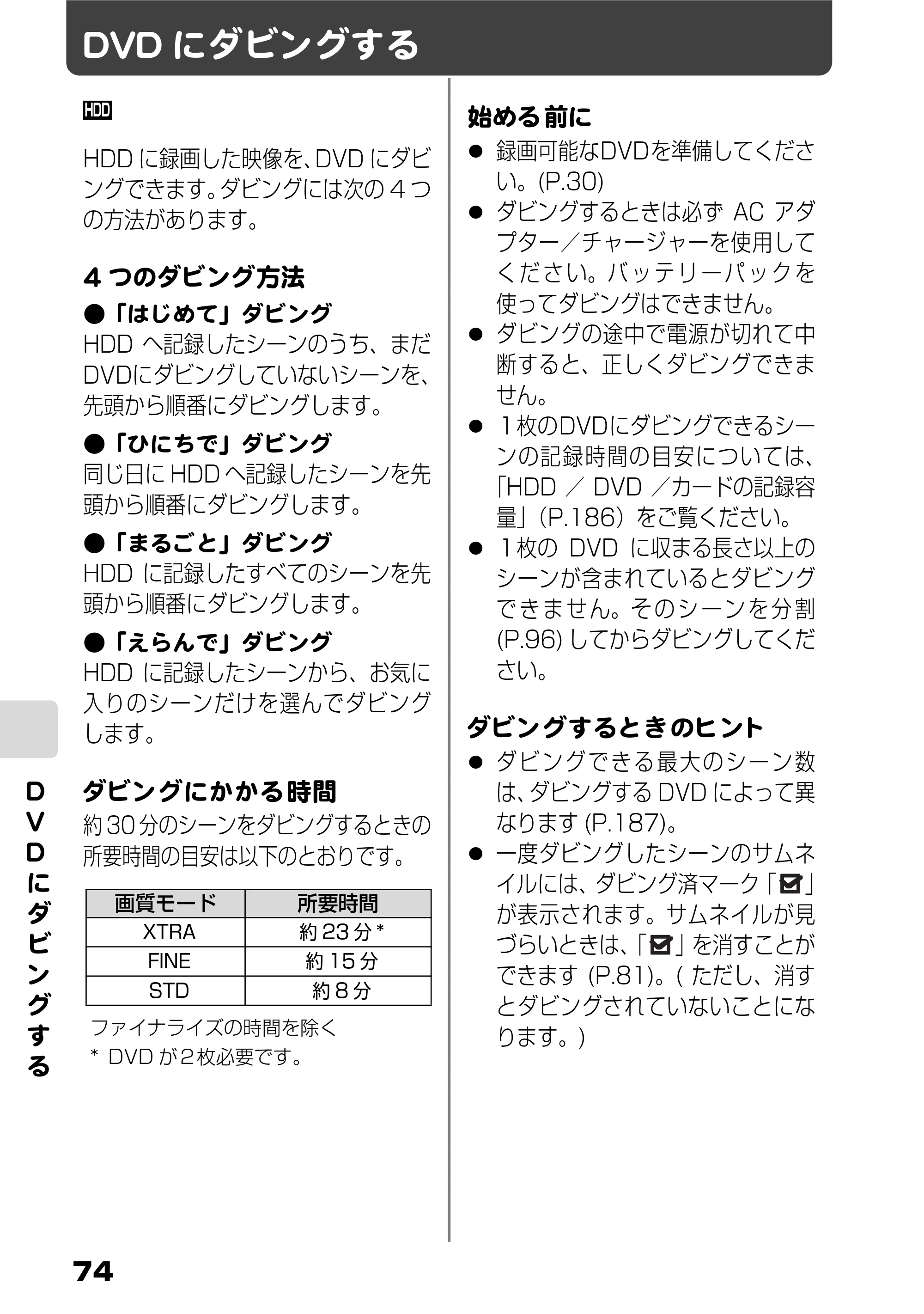 日立 DZ-HS803 / DZ-HS903 取扱説明書 — DVDにダビングする — 原本ページ — 20ページ