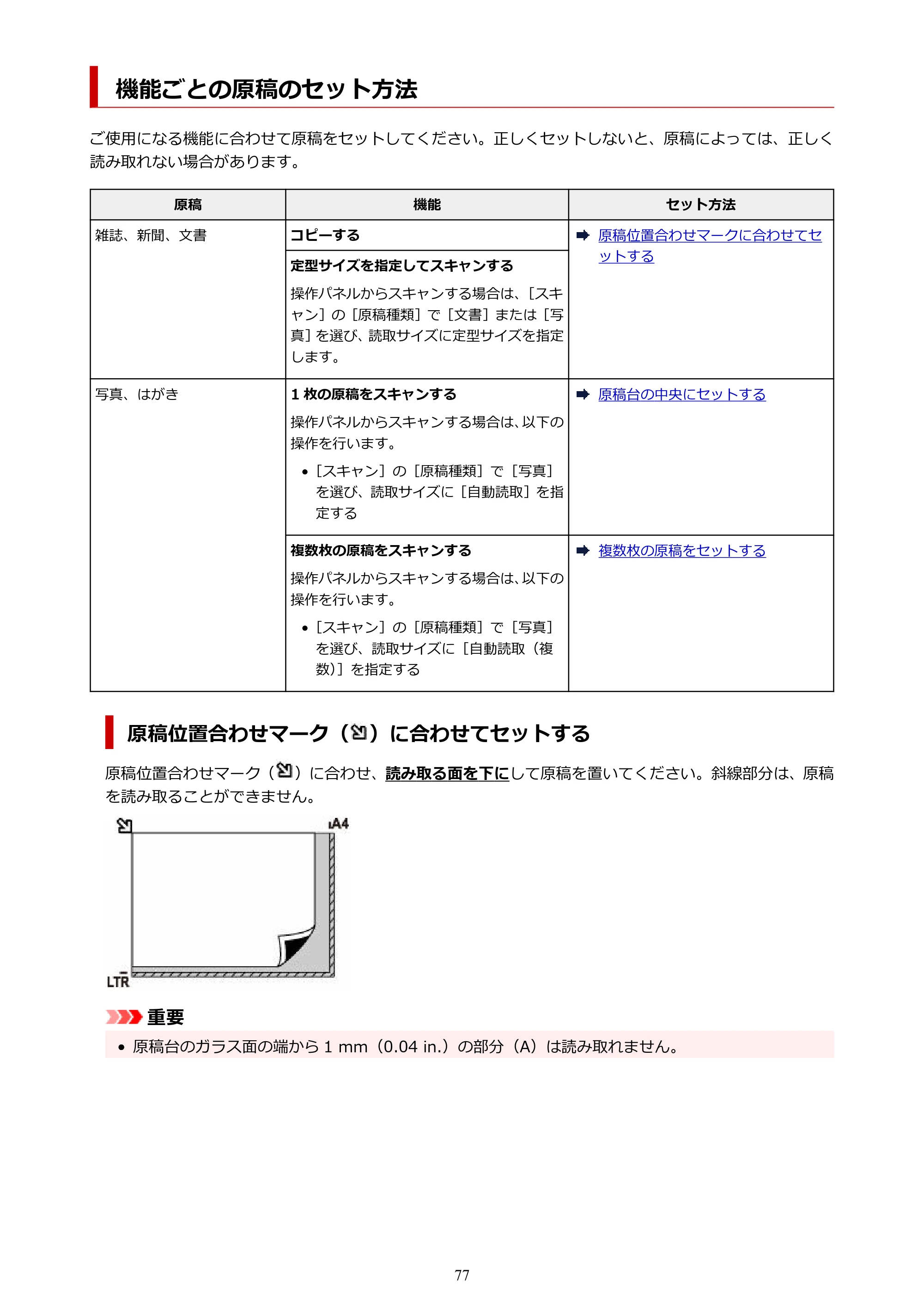 キヤノン GX1030 GX1030 (PDF) オンラインマニュアル 取扱説明書 2026年3月19日掲載（PDF：5.2MB） — 機能ごとの原稿のセット方法 — 原本ページ — 77ページ