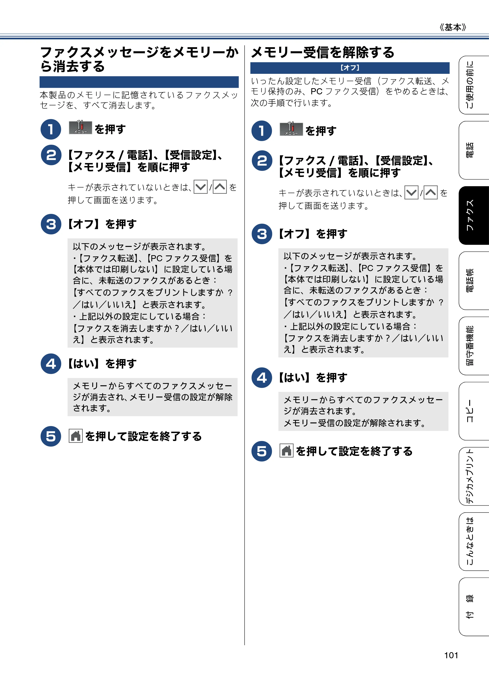 ブラザー MFC-J720D / MFC-J720DW ユーザーズガイド ～基本編～ — ファクスメッセージをメモリーから消去する — 原本ページ — 101ページ