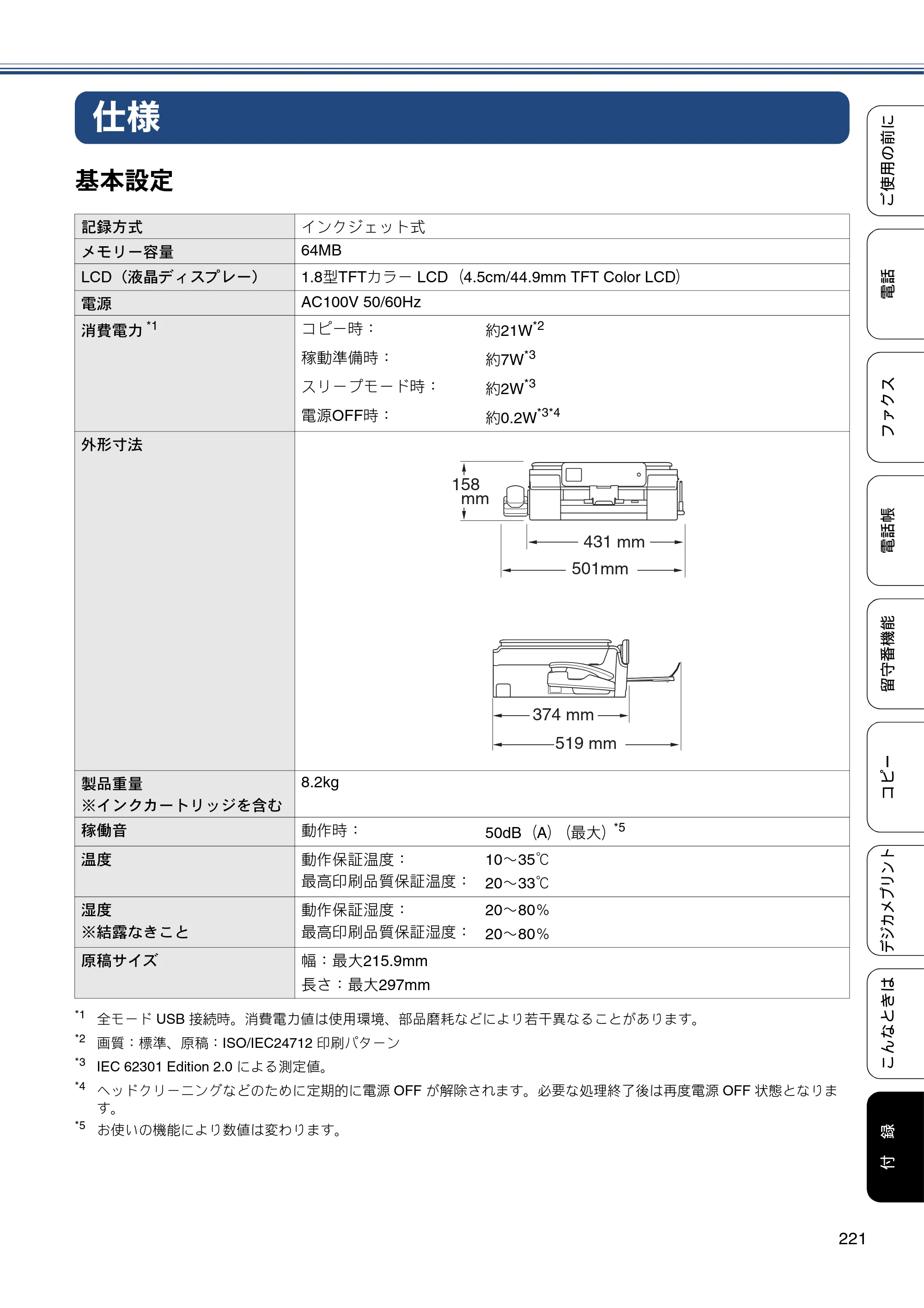 ブラザー MFC-J720D / MFC-J720DW ユーザーズガイド ～基本編～ — 仕様 — 原本ページ — 221ページ