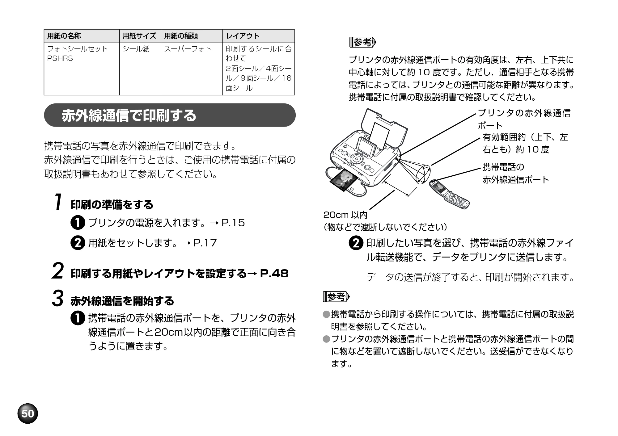 キヤノン PIXUS mini260 基本操作ガイド （PDF形式／12.12Mバイト） — 赤外線通信で印刷する — 原本ページ — 52ページ