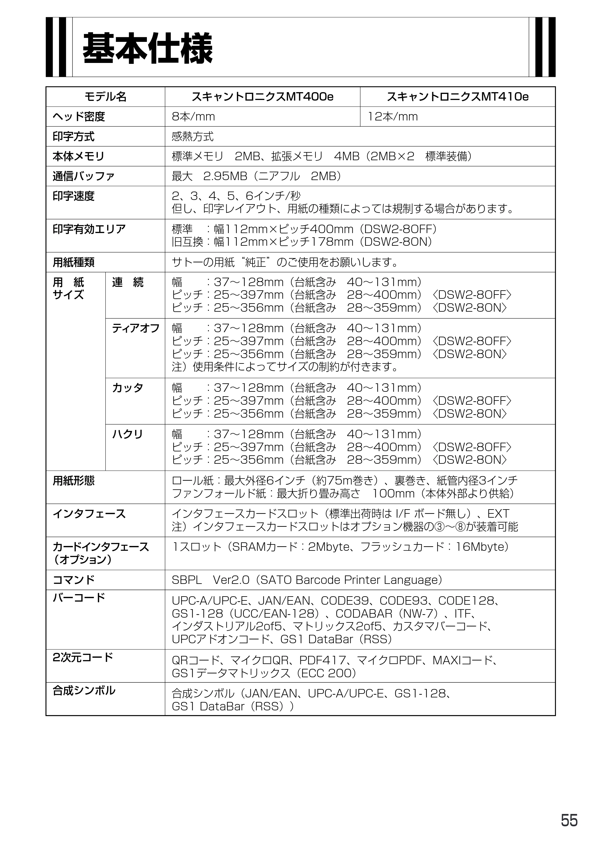 サトー MT400e / 410e 取扱説明書（第4版） — 基本仕様 — 原本ページ — 59ページ