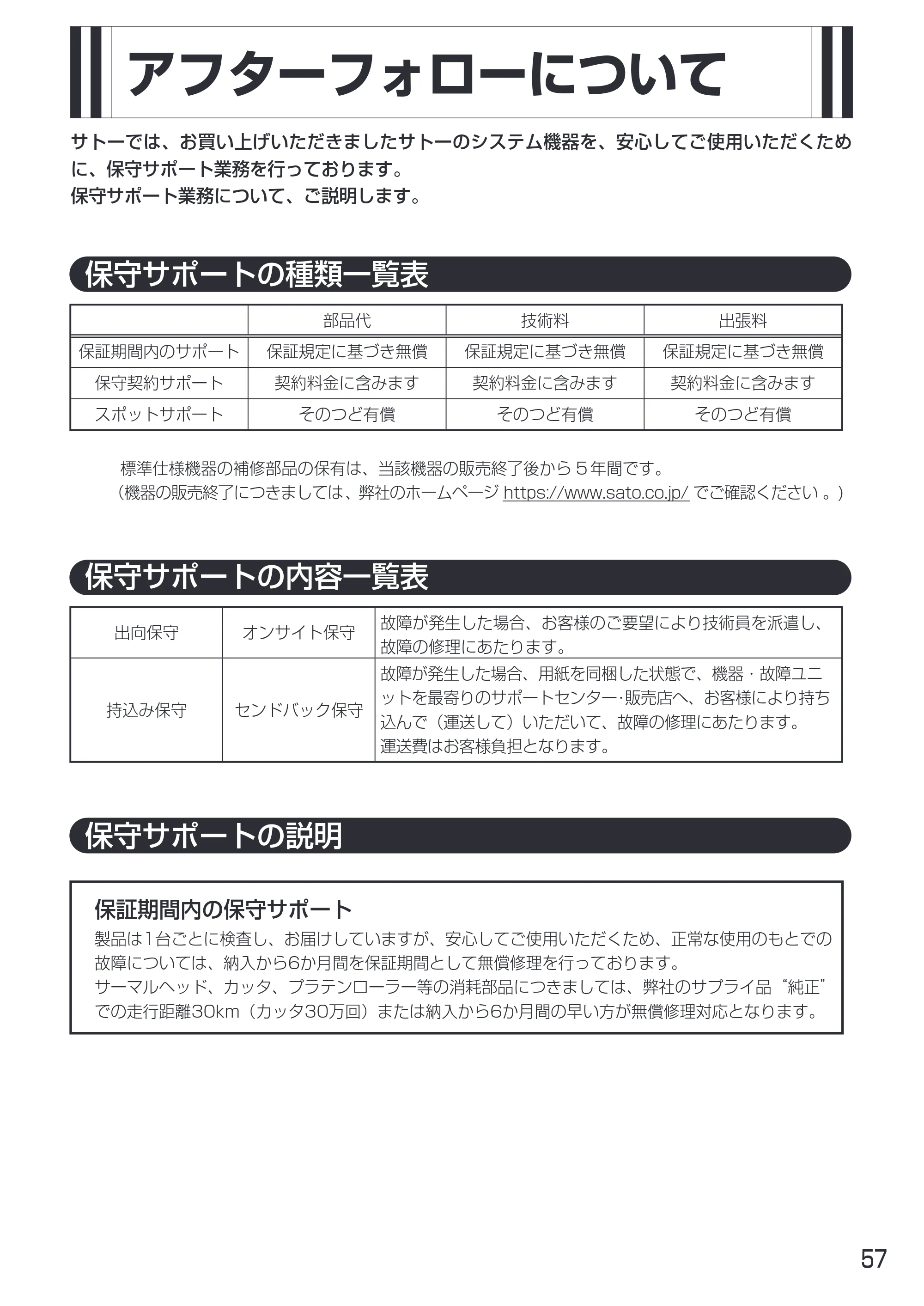 サトー MT400e / 410e 取扱説明書（第4版） — アフターフォローについて — 原本ページ — 61ページ