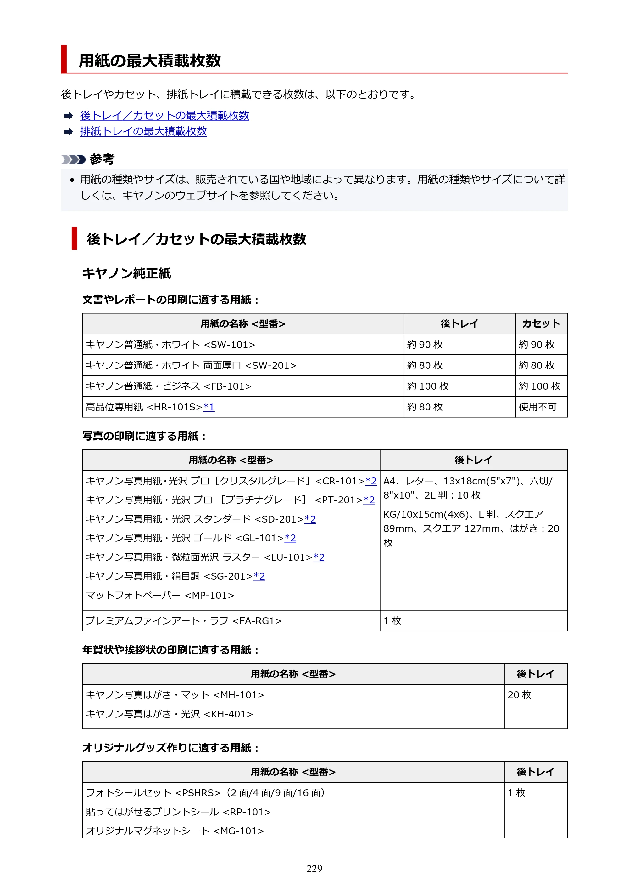 キヤノン PIXUS XK120 オンラインマニュアル PDF版（Windows版／Mac版） — 用紙の最大積載枚数 — 原本ページ — 229ページ