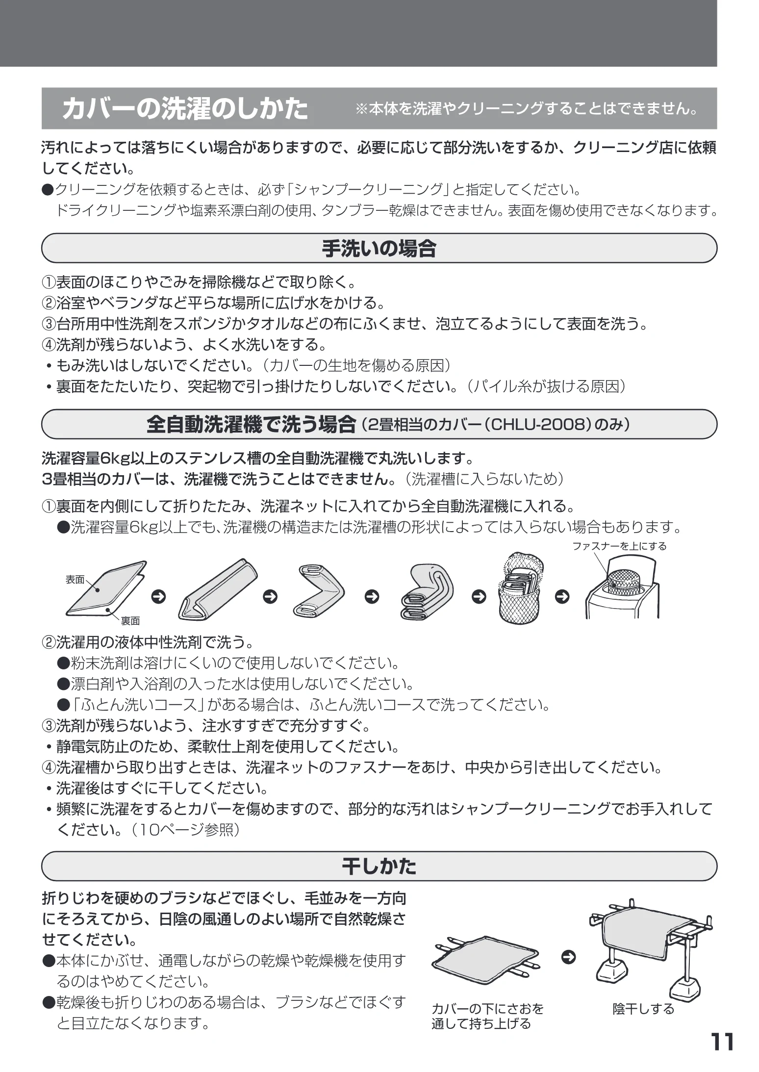 日立 HLU-2008 / HLU-3008 取扱説明書 — ・もみ洗いはしないでください。( カバーの生地を傷める原因) — 図版 11-1 — 11ページ