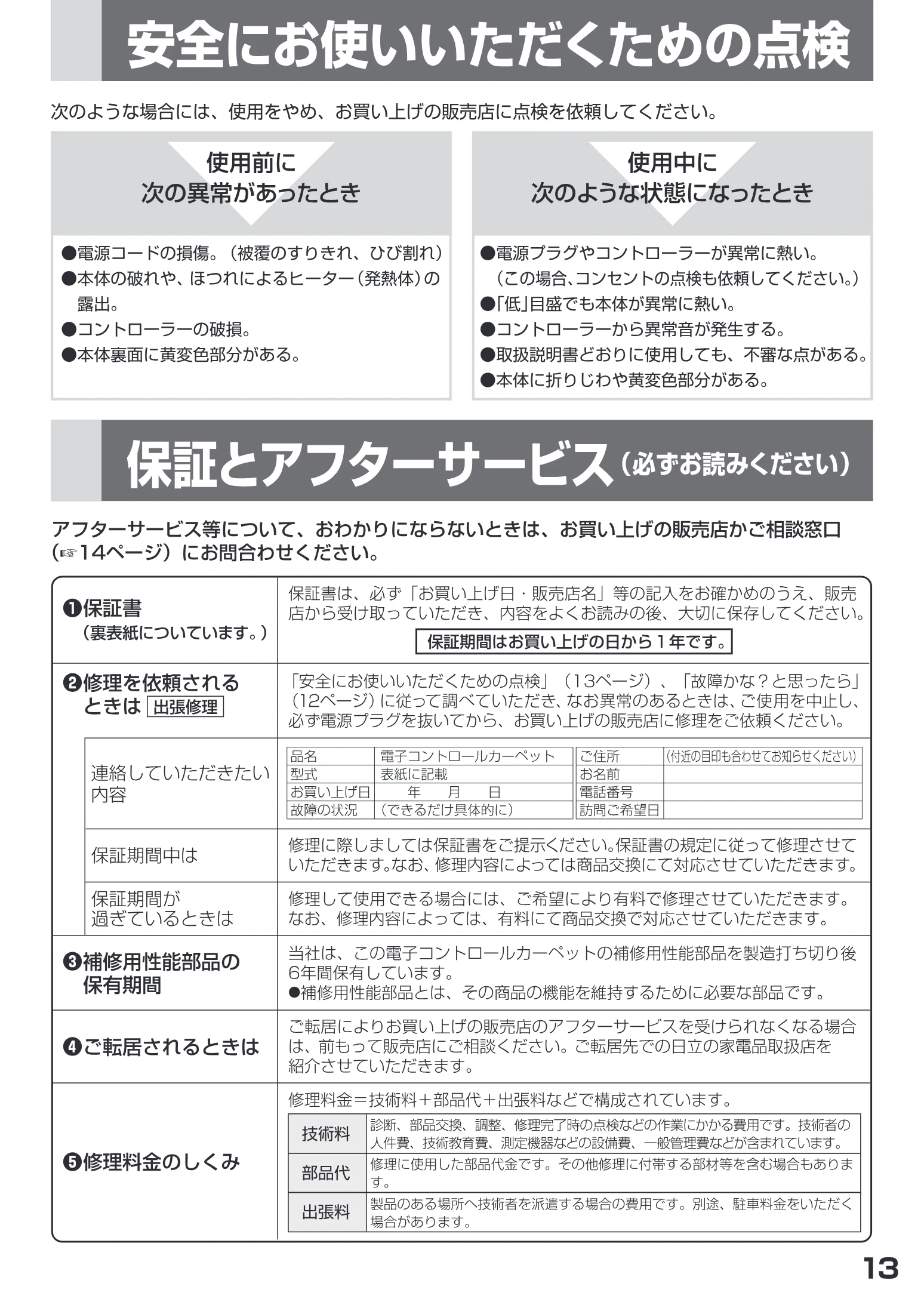 日立 HLU-2008 / HLU-3008 取扱説明書 — = KU 保証とアフターサービスysmz<rsu) — 図版 13-1 — 13ページ