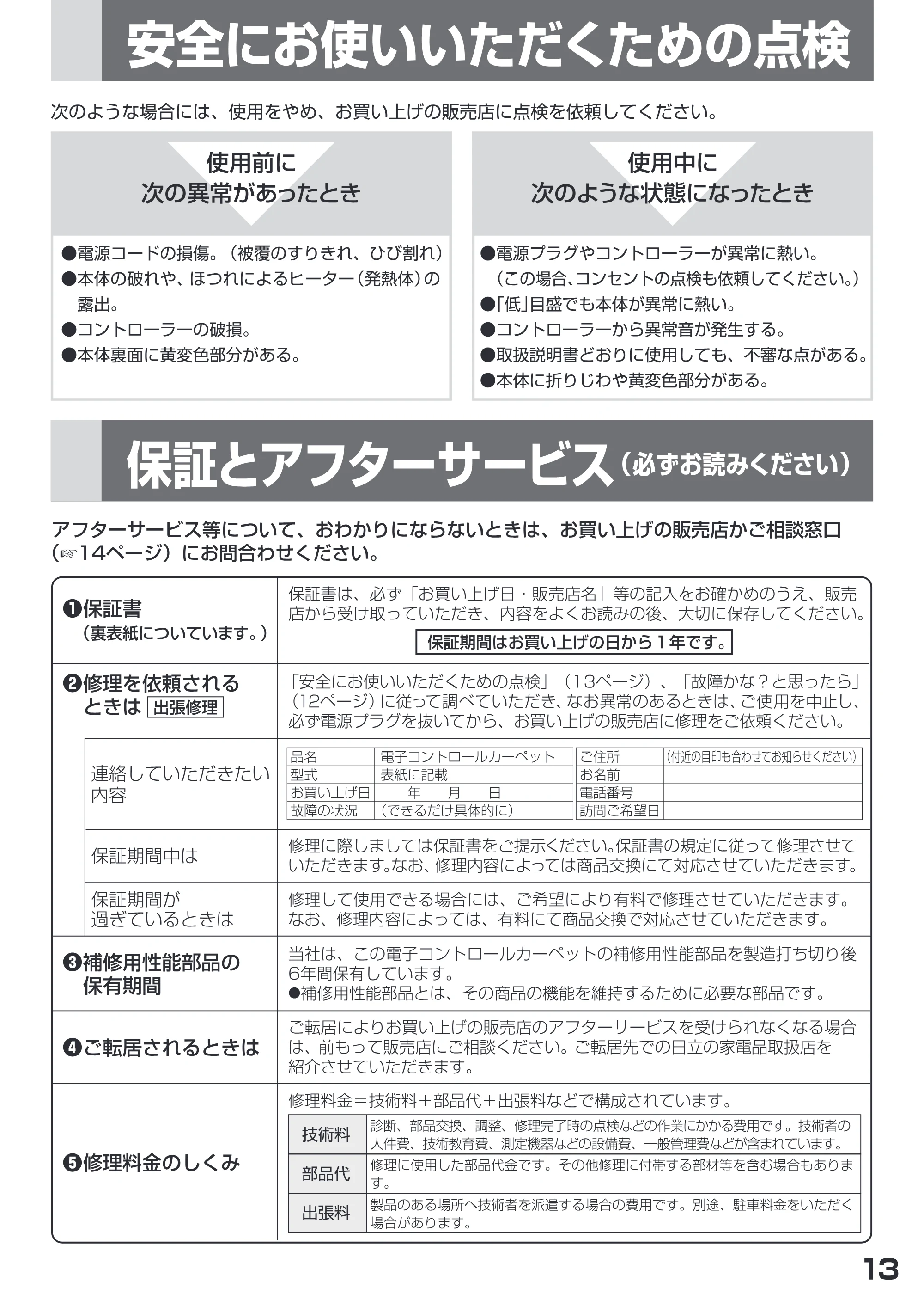 日立 HLU-2008 / HLU-3008 取扱説明書 — = KU 保証とアフターサービスysmz<rsu) — 原本ページ — 13ページ