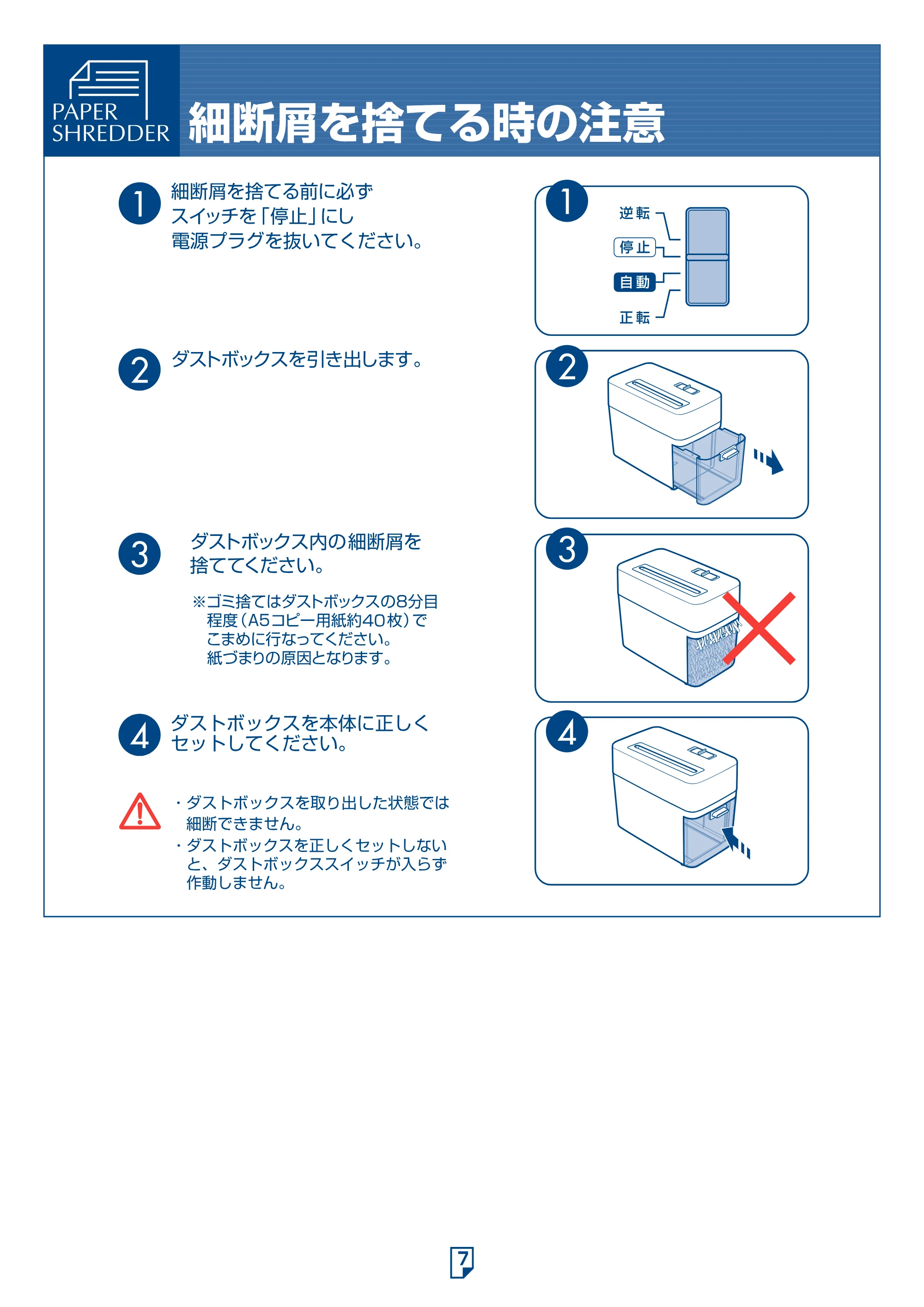 アイリスオーヤマ 卓上ペーパーシュレッダー P54E 取扱説明書 — 原本ページ — 7ページ