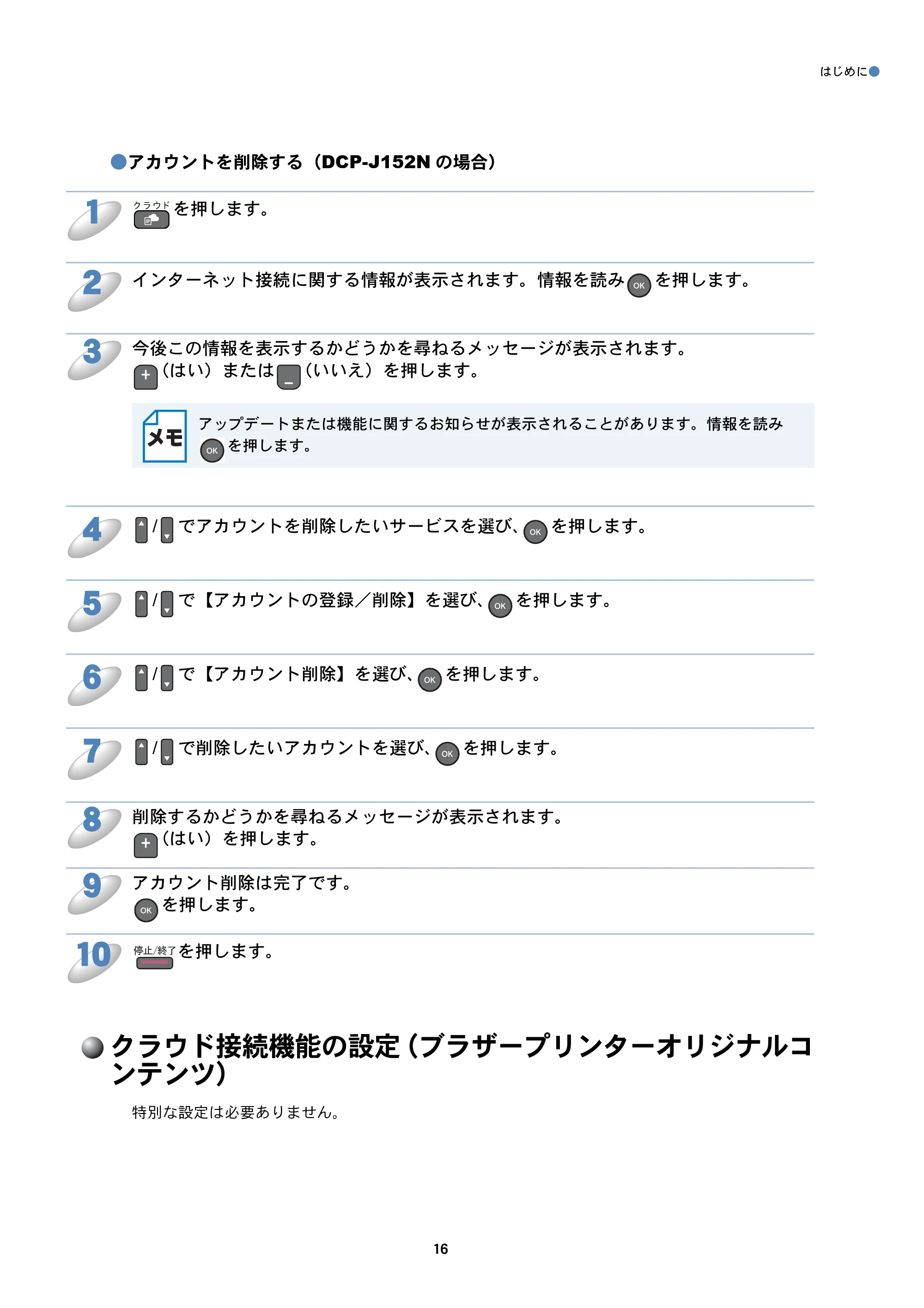 ブラザー DCP-J152N / DCP-J552N / DCP-J552N-ECO / DCP-J752N クラウド接続ガイド — クラウド接続機能の設定（ブラザープリンターオリジナルコンテンツ） — 原本ページ — 16ページ