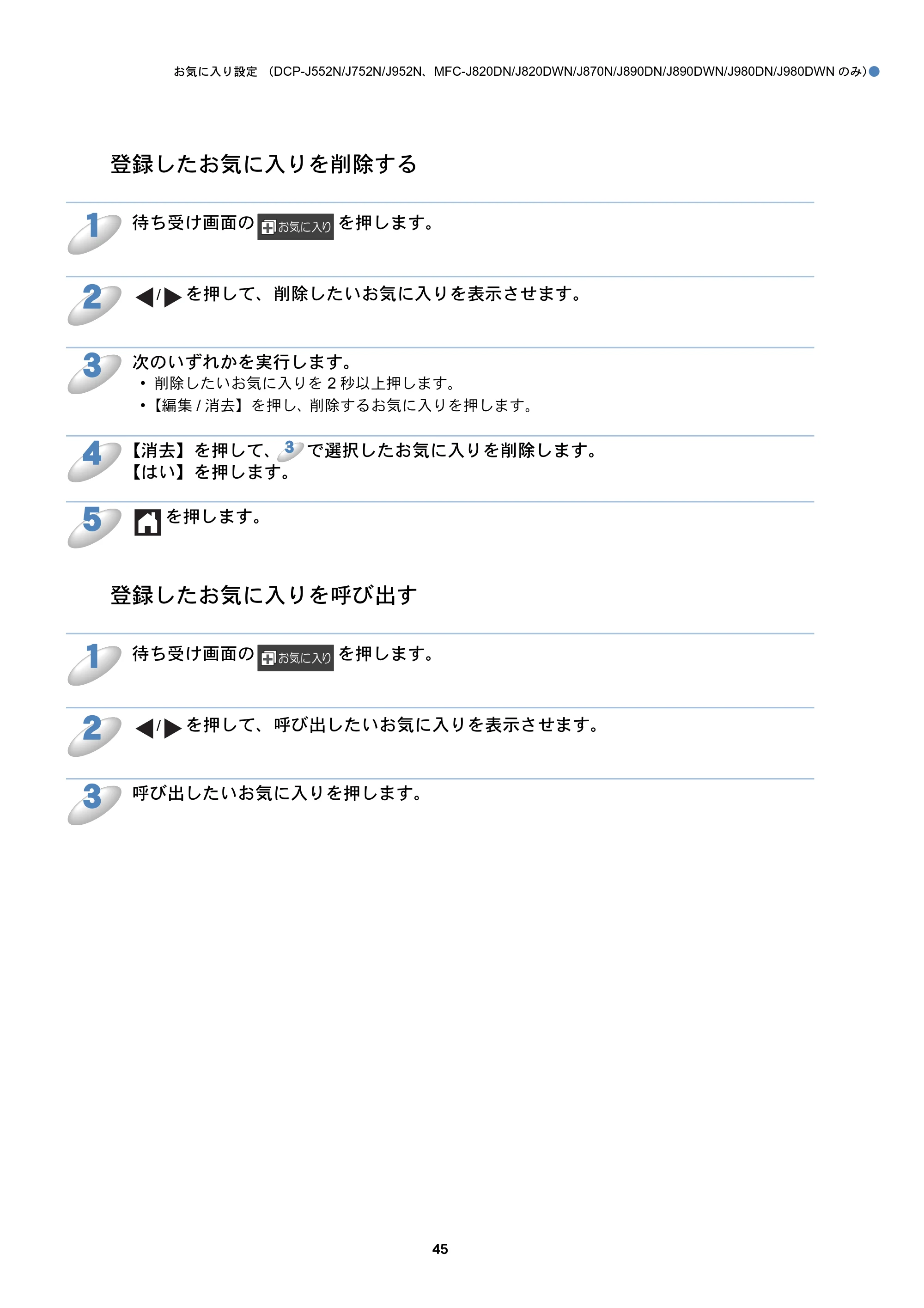 ブラザー DCP-J152N / DCP-J552N / DCP-J552N-ECO / DCP-J752N クラウド接続ガイド — 登録したお気に入りを削除する — 原本ページ — 45ページ