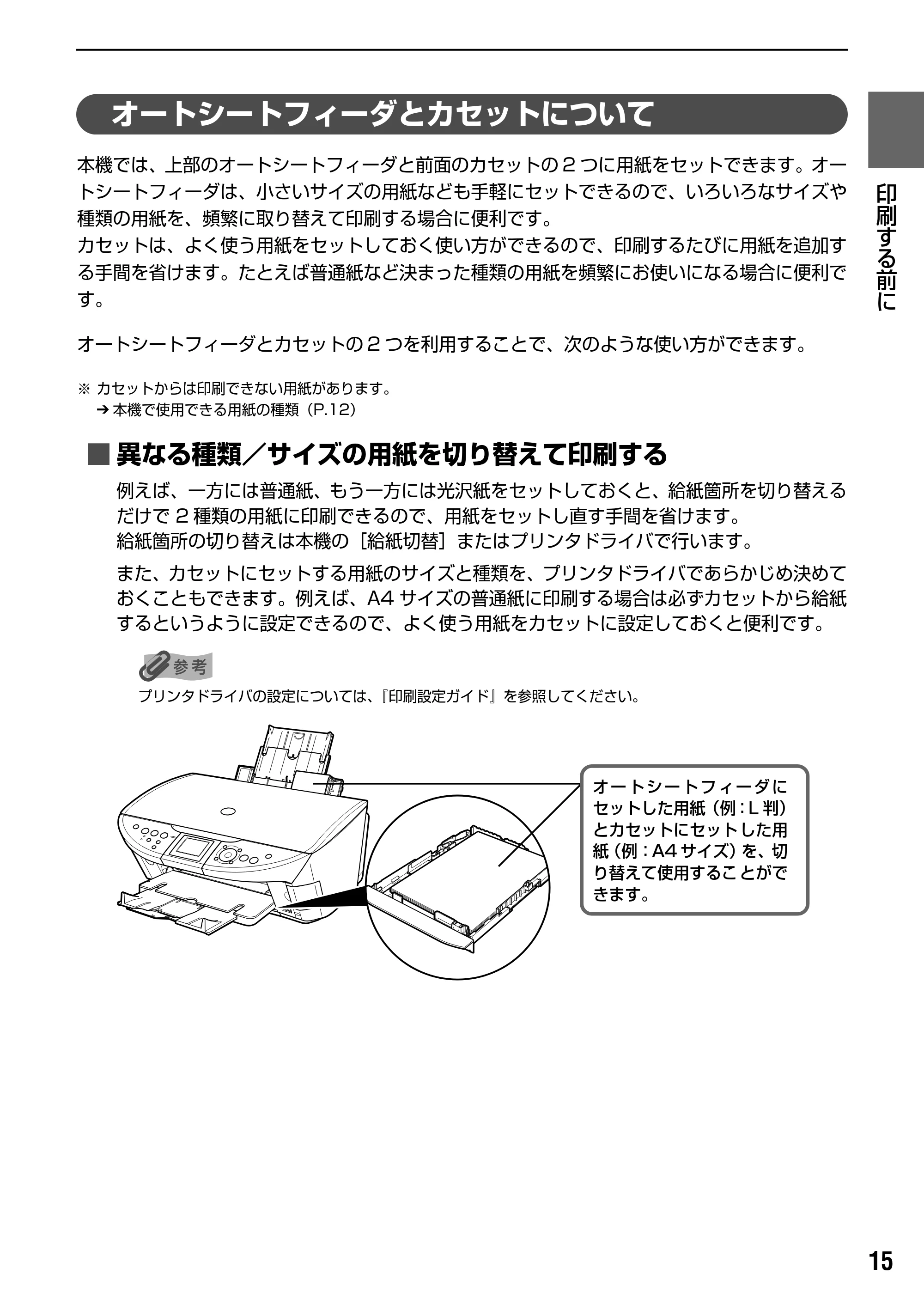 キヤノン PIXUS MP500 操作ガイド（本体操作編） （PDF形式／9.42Mバイト） — オートシートフィーダから給紙する — 原本ページ — 17ページ