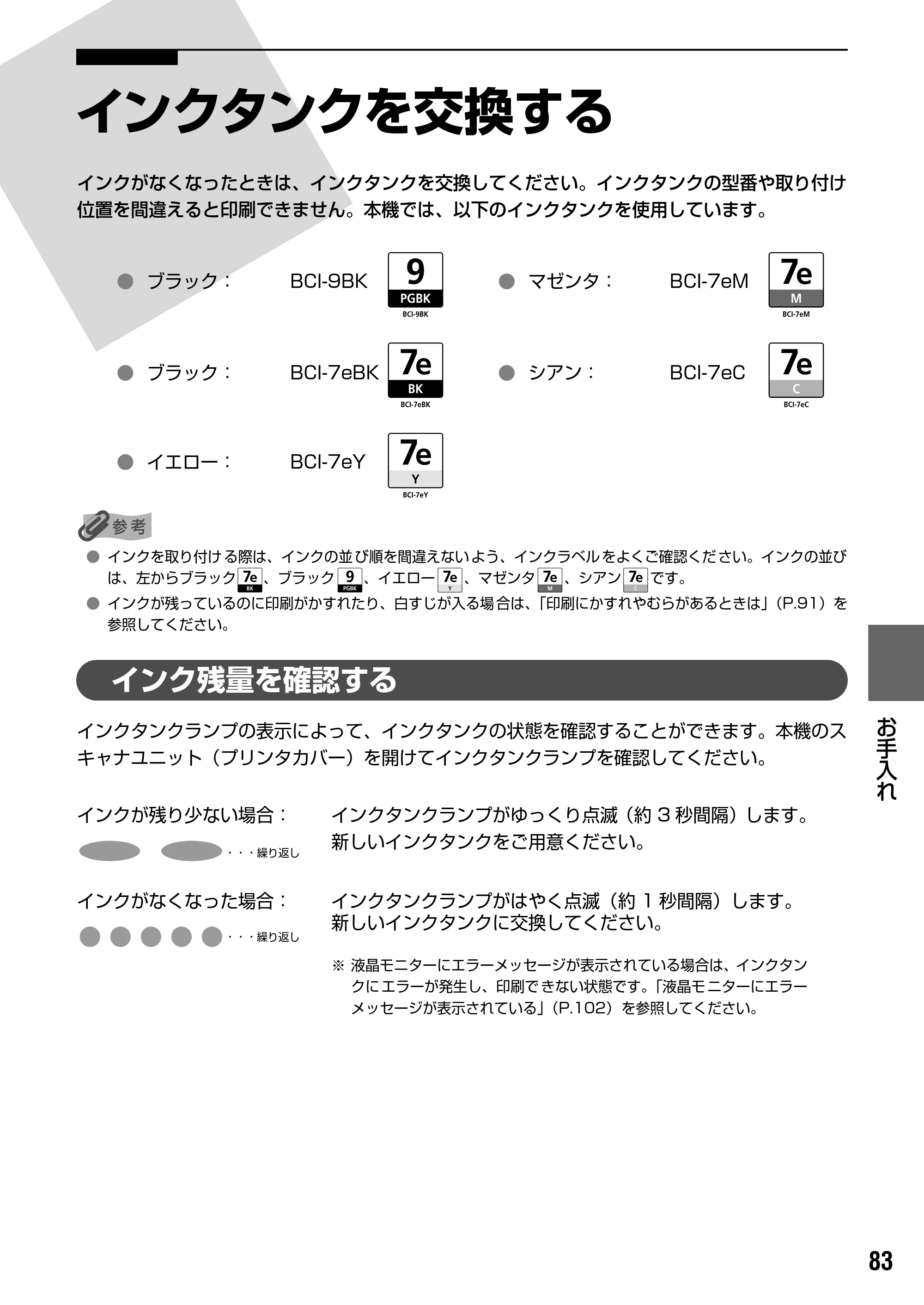 キヤノン PIXUS MP500 操作ガイド（本体操作編） （PDF形式／9.42Mバイト） — 交換の操作 — 原本ページ — 85ページ