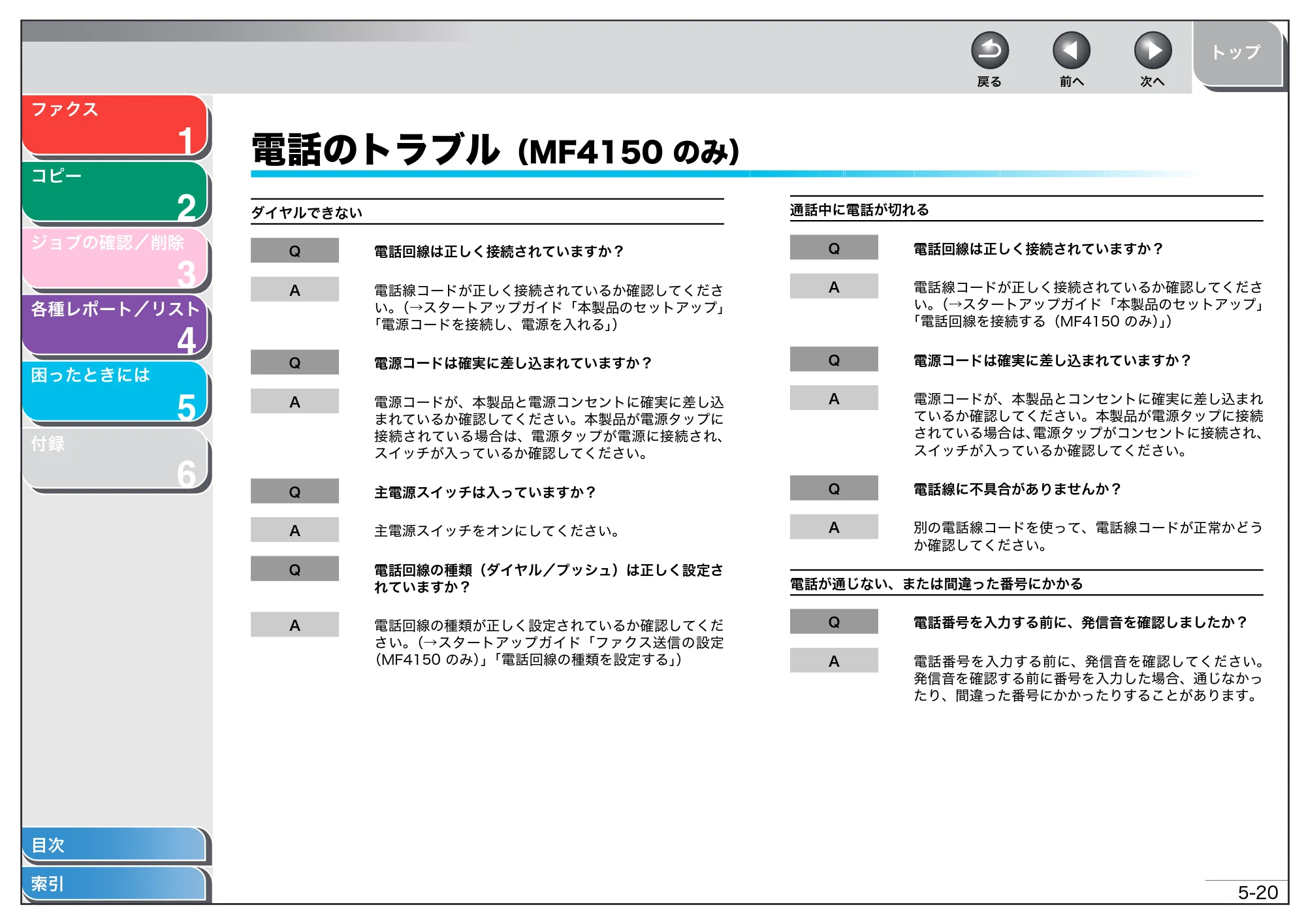 キヤノン MF4150/MF4130/MF4120 操作ガイド (応用編) (PDF形式/1.74Mバイト) — 電話のトラブル(MF4150 のみ) — 原本ページ — 58ページ