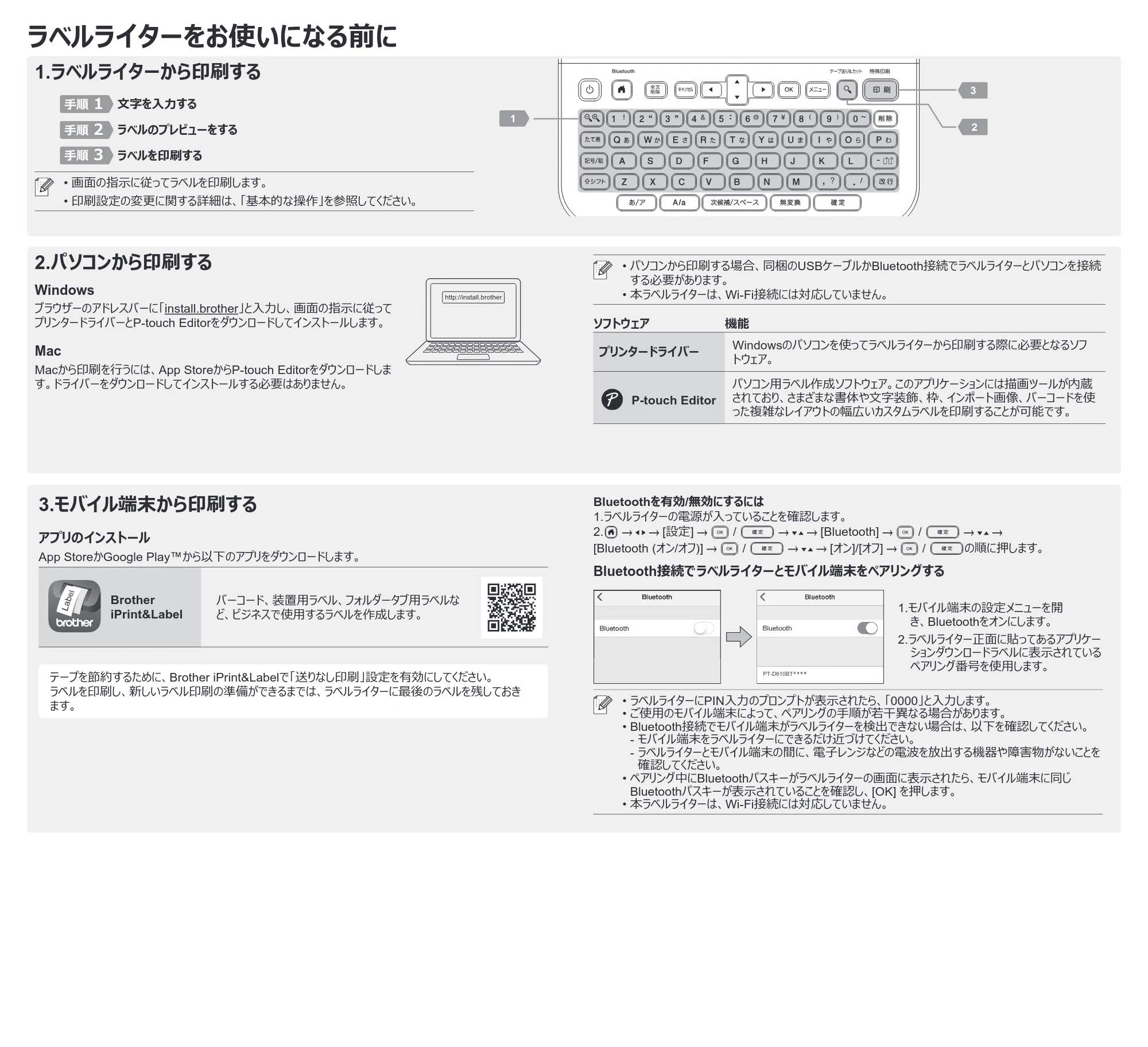 ブラザー PT-D610BT かんたん設置ガイド — ラベルライターをお使いになる前に — 原本ページ — 4ページ