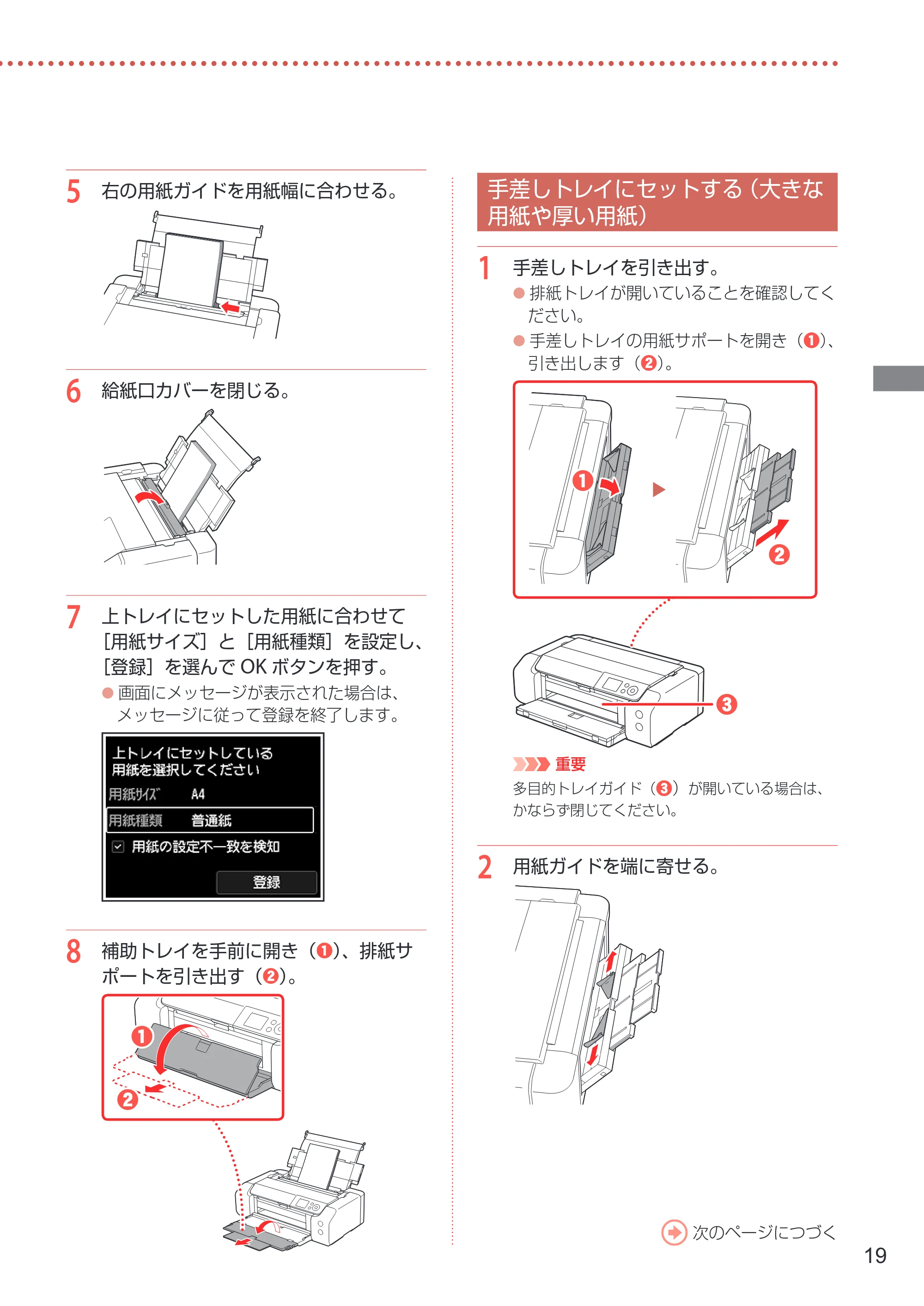 キヤノン imagePROGRAF PRO-G1 設置・基本操作マニュアル 2022年2月15日掲載（PDF：5.77MB） — 手差しトレイにセットする（大きな用紙や厚い用紙） — 原本ページ — 21ページ