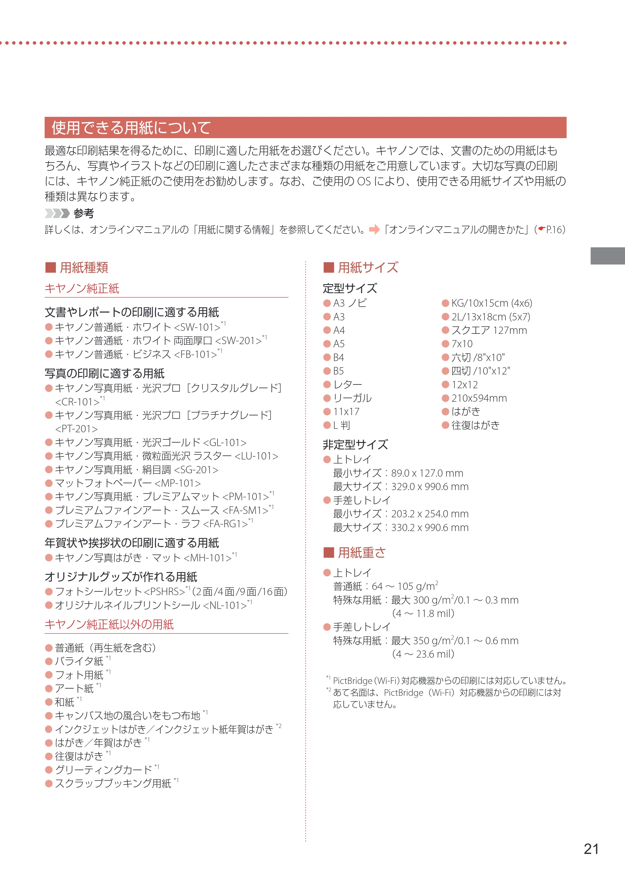 キヤノン imagePROGRAF PRO-G1 設置・基本操作マニュアル 2022年2月15日掲載（PDF：5.77MB） — 使用できる用紙について — 原本ページ — 23ページ
