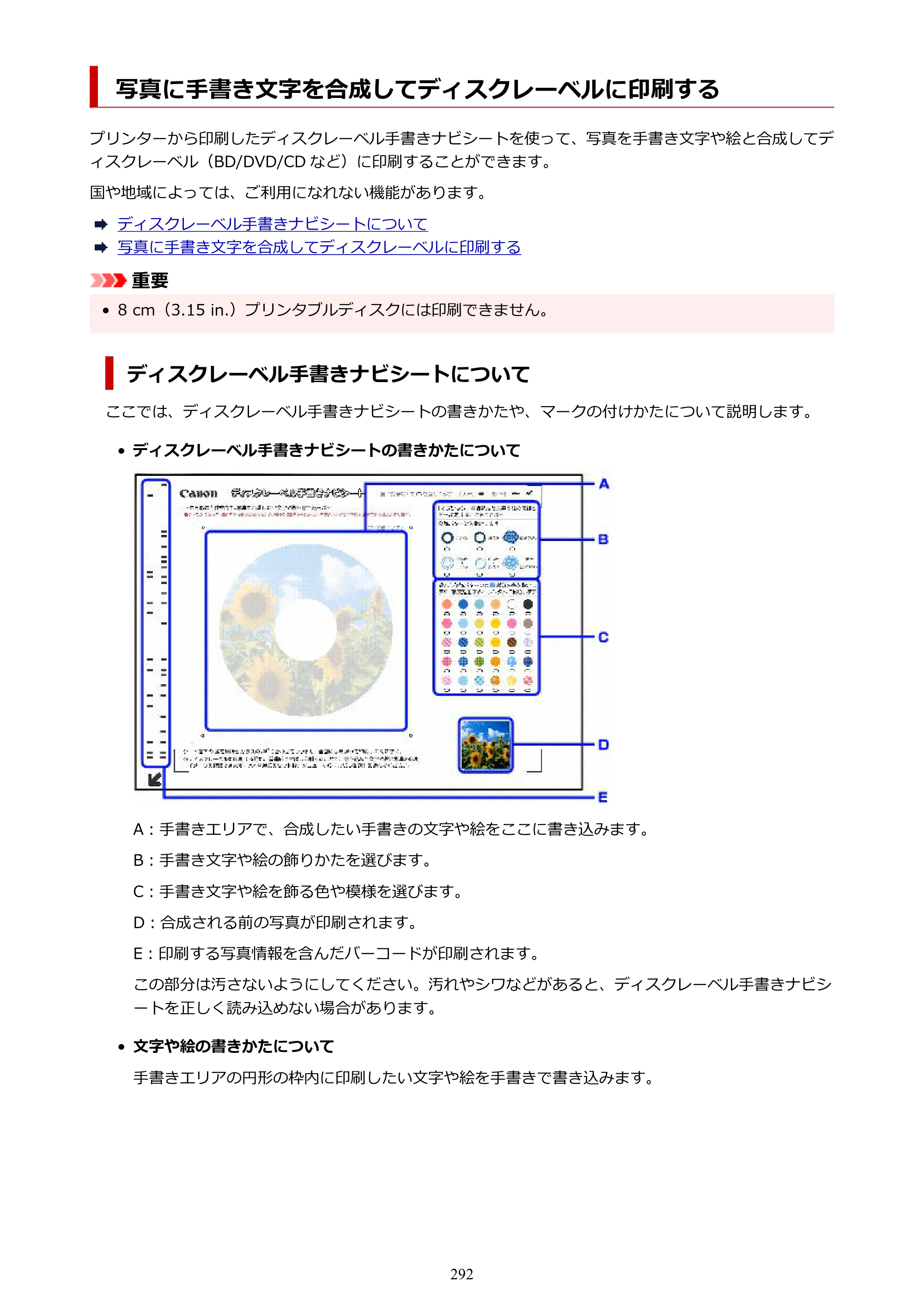 キヤノン PIXUS TS8930 オンラインマニュアル PDF版 2025年10月22日掲載（PDF：5.8MB） — 写真に手書き文字を合成してディスクレーベルに印刷する — 原本ページ — 292ページ