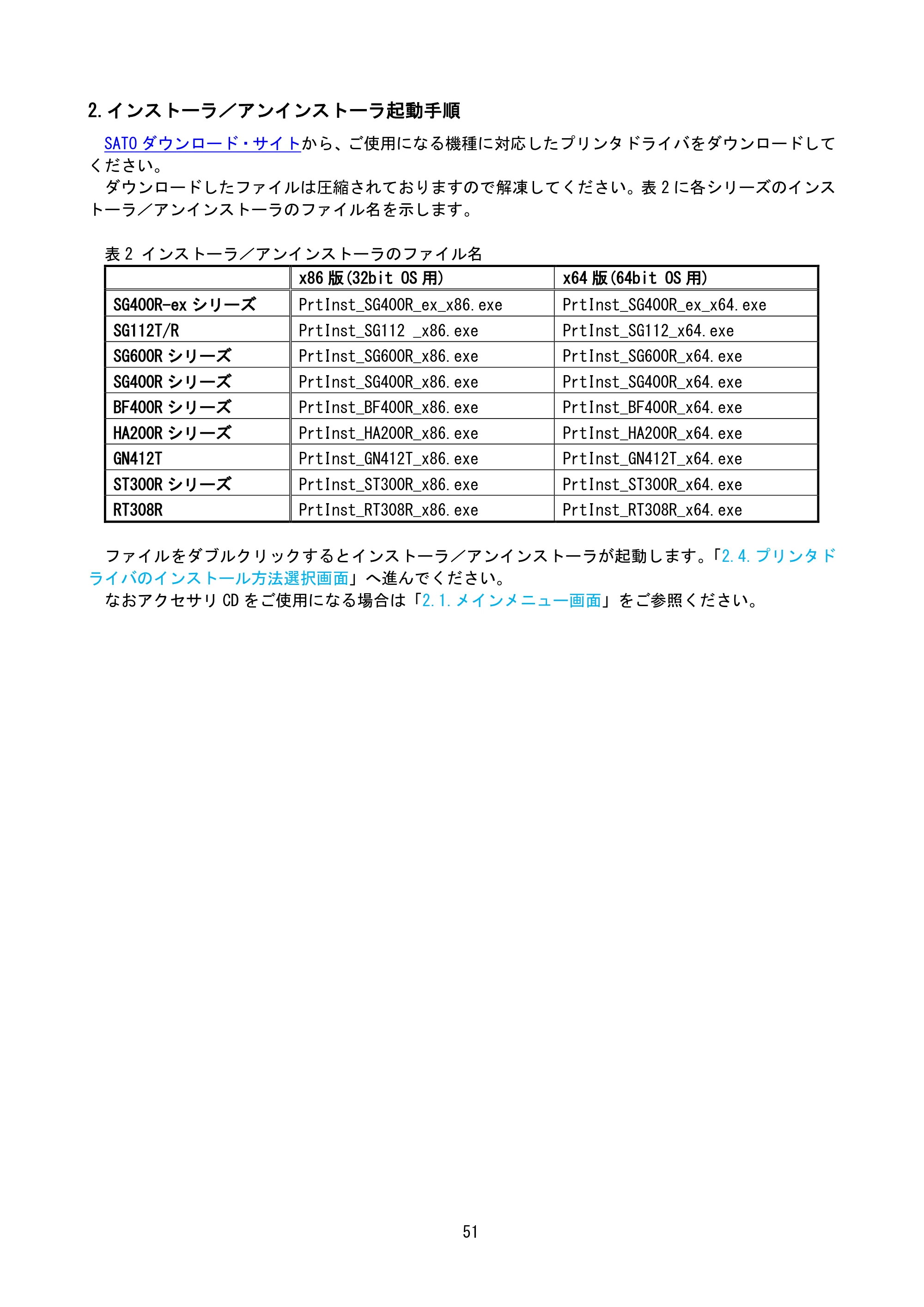 サトー SG408R-ex / 412R-ex / 424R-ex / SG608R / 612R プリンタドライバ説明書（第7版） — 2.インストーラ／アンインストーラ起動手順 — 原本ページ — 54ページ