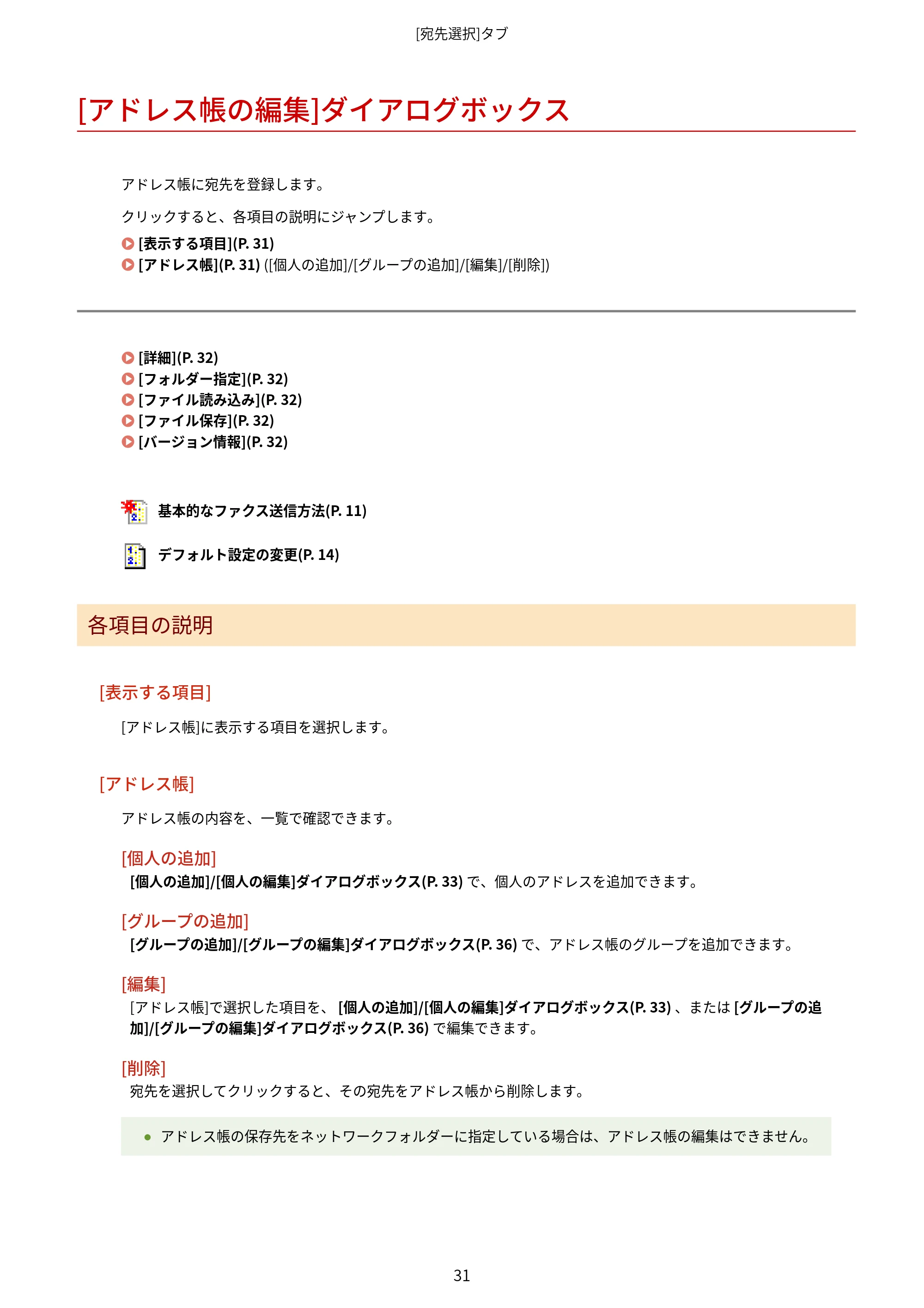 キヤノン WG7350F/7350FM Windows Business IJ FAX ドライバーガイド 2018年12月7日更新（PDF：395KB） — [アドレス帳の編集]ダイアログボックス — 原本ページ — 34ページ